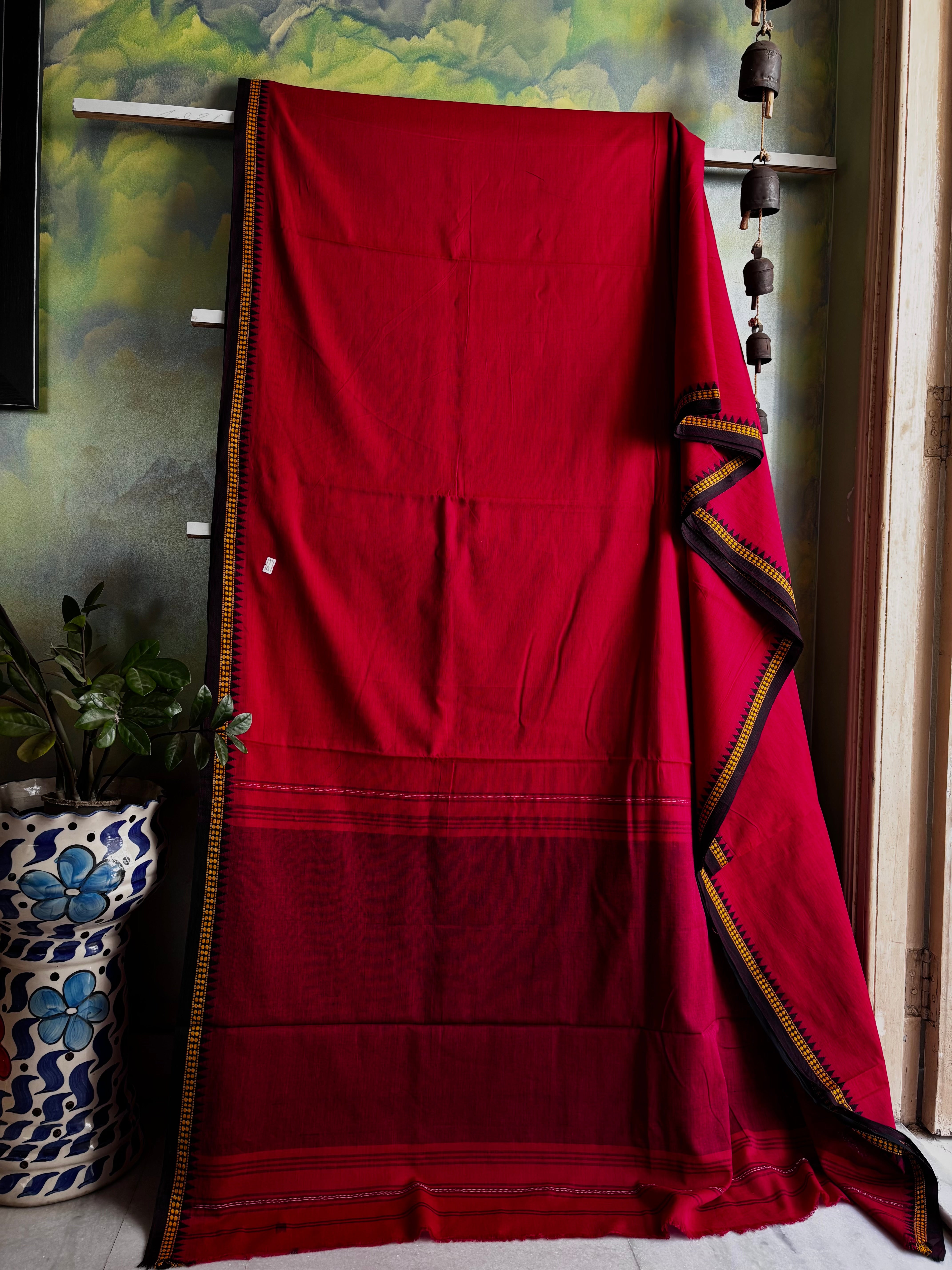 Handwoven Red Colour Dhonekhali Cotton Saree