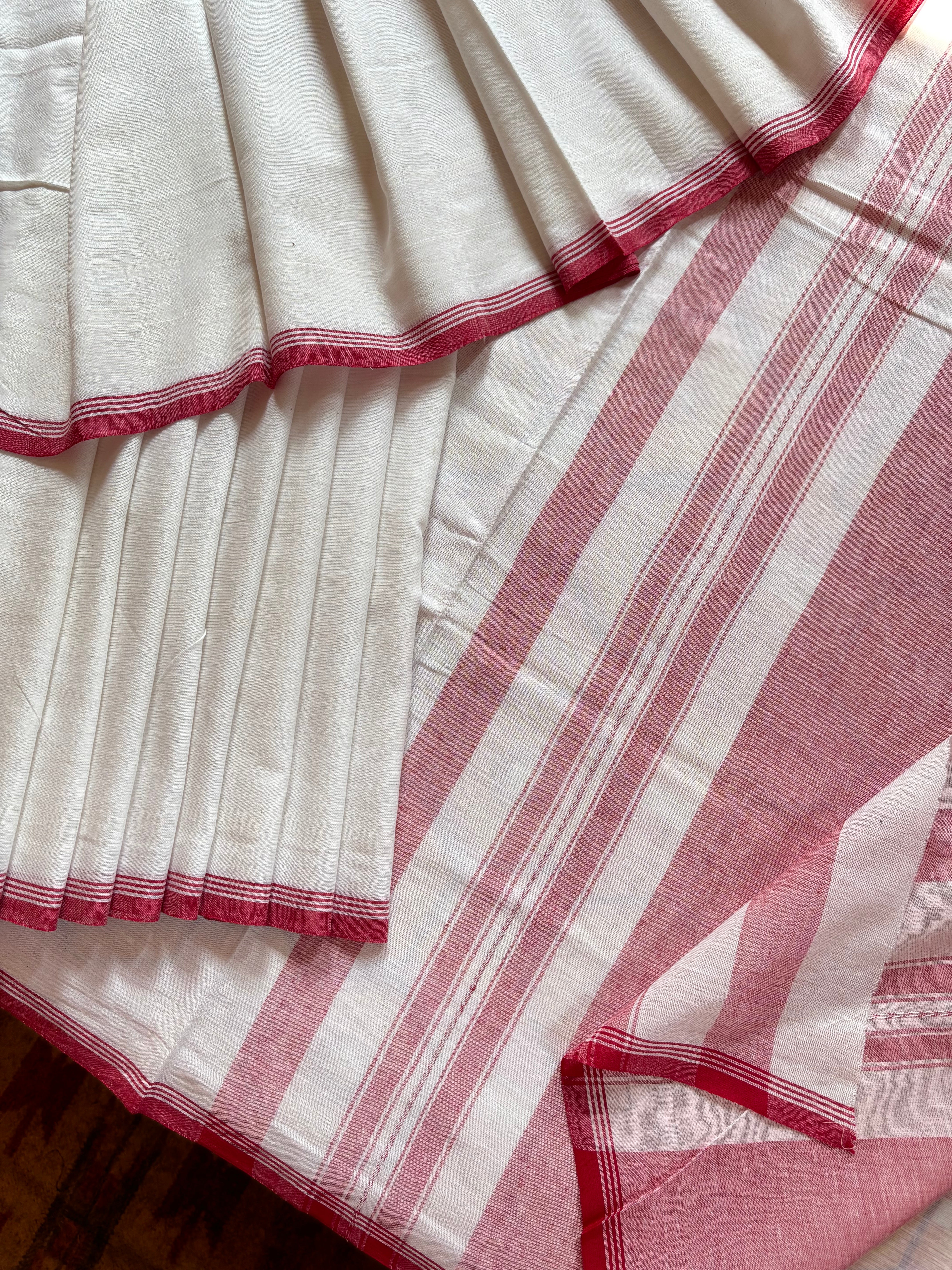 Handwoven White Red Dhonekhali Cotton Saree