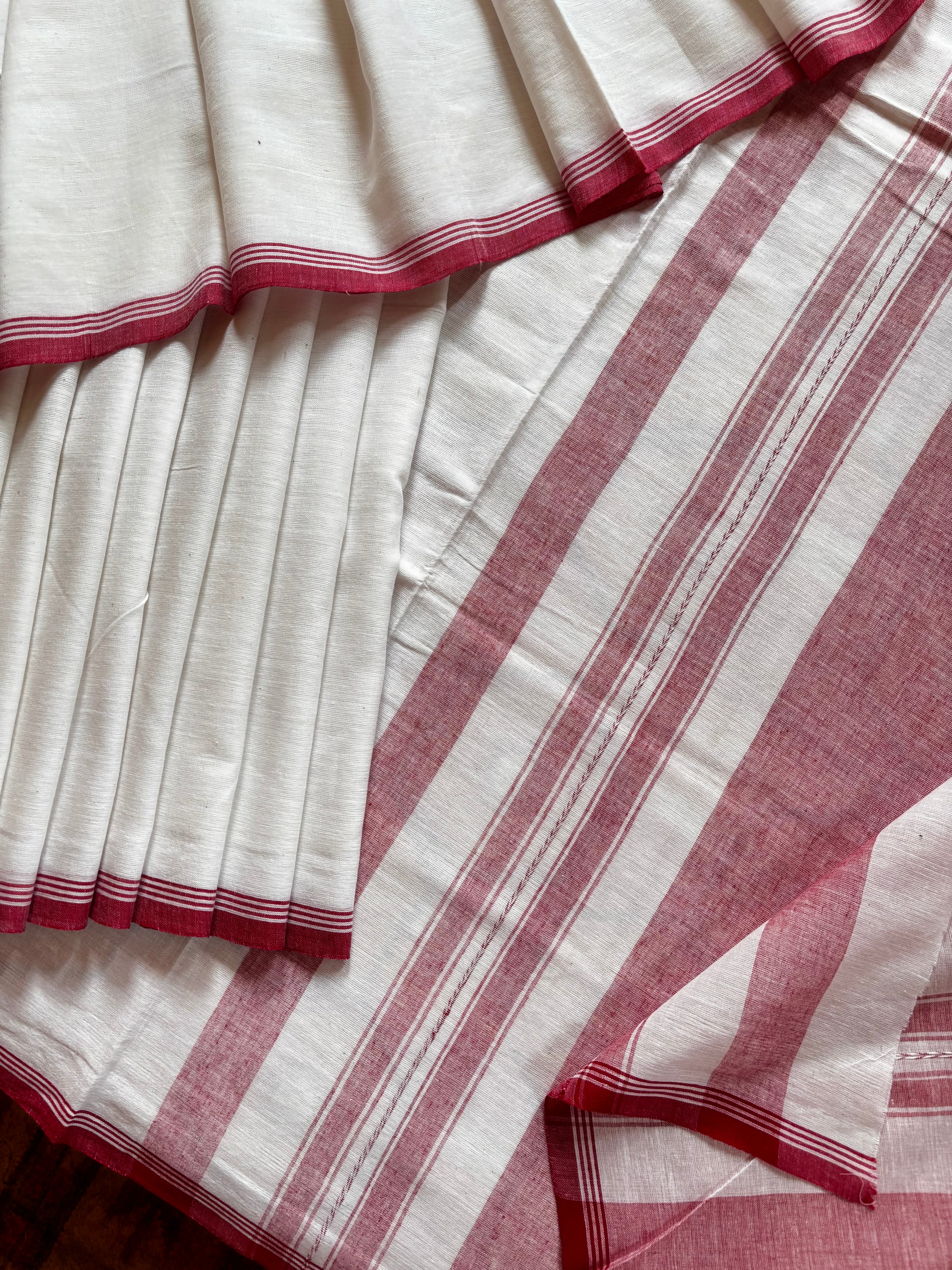 Handwoven White Red Dhonekhali Cotton Saree
