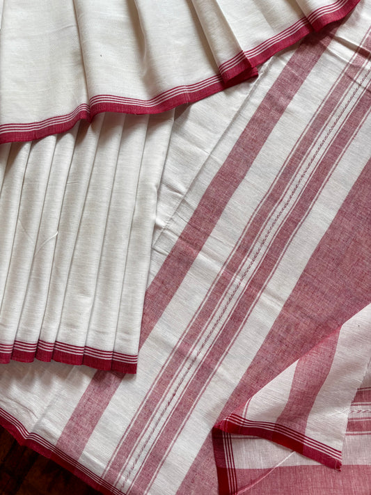 Handwoven White Red Dhonekhali Cotton Saree