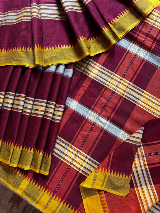 Handwoven Maroon Colour Dhonekhali Cotton Saree