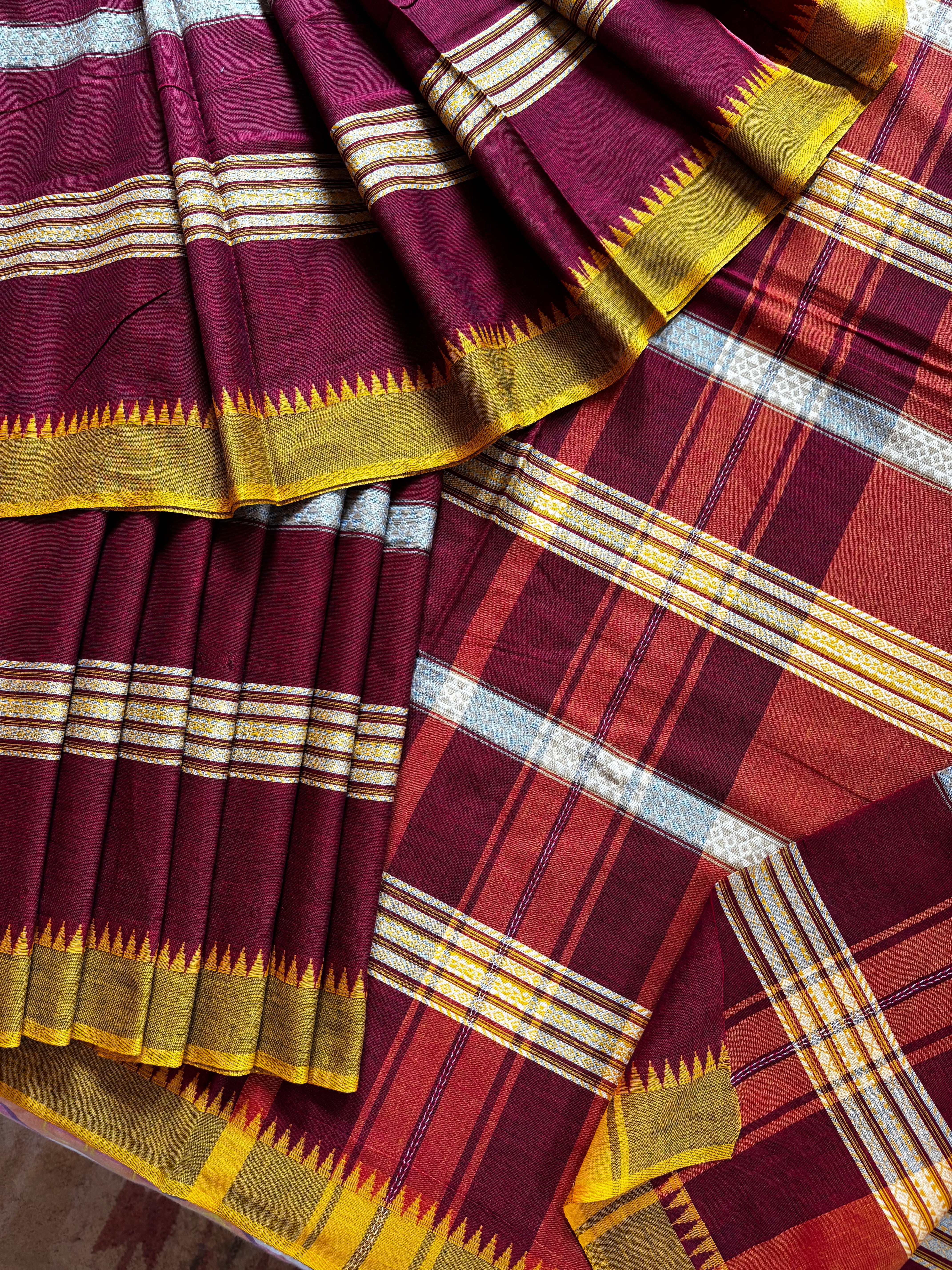 Handwoven Maroon Colour Dhonekhali Cotton Saree