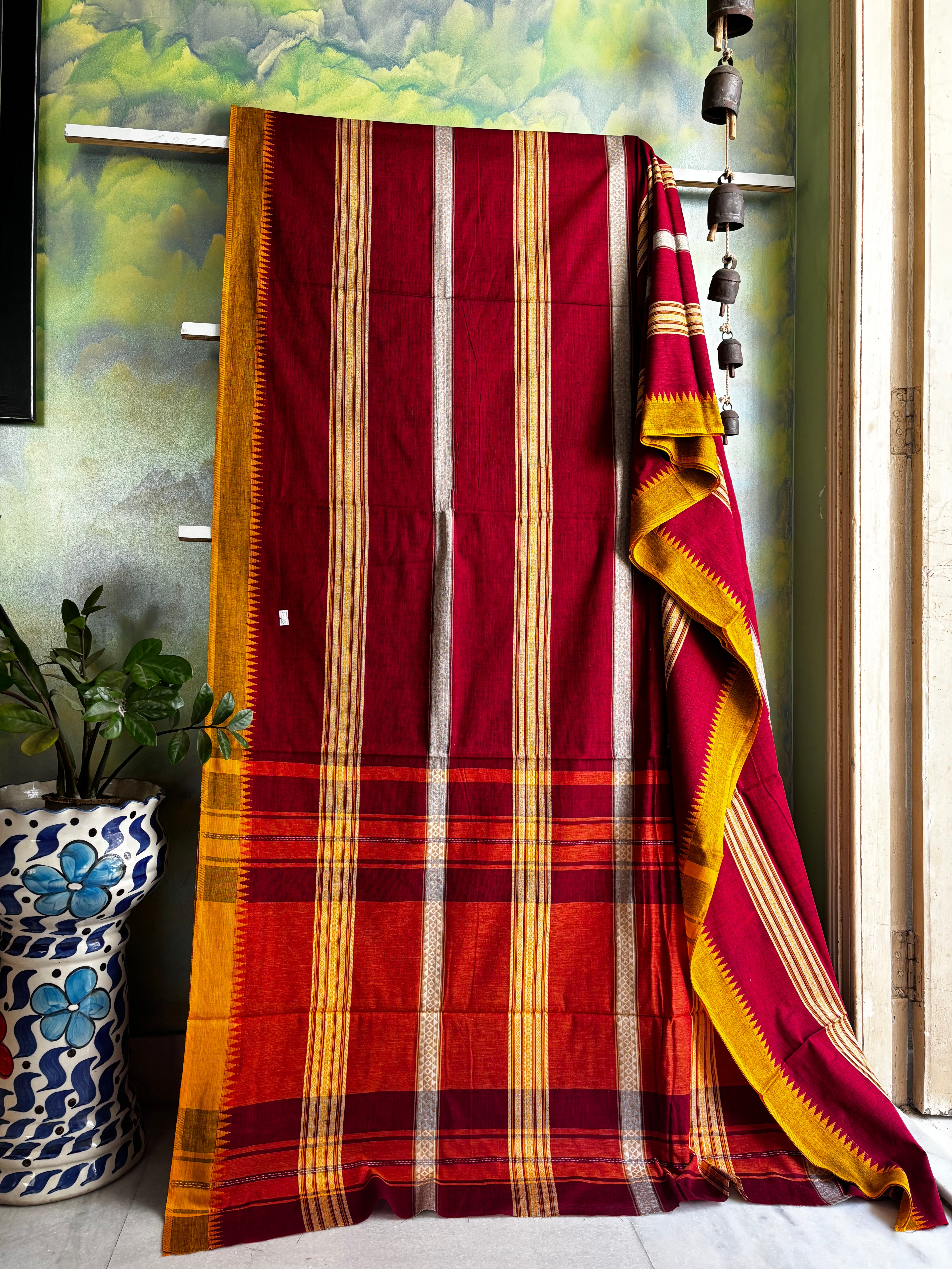 Handwoven Maroon Colour Dhonekhali Cotton Saree