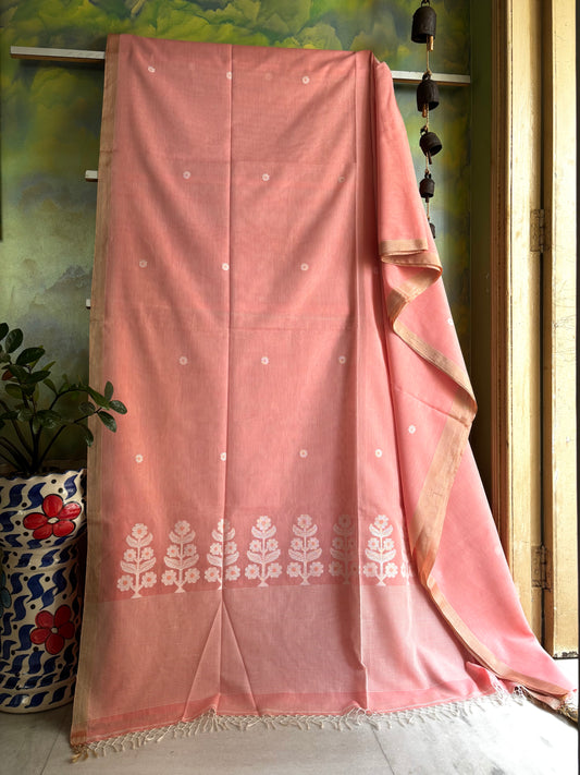 Handwoven Peach Colour Cotton Jamdani Saree