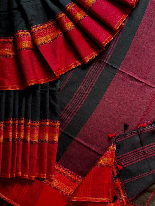 Handwoven Black Red Phulia Cotton Saree