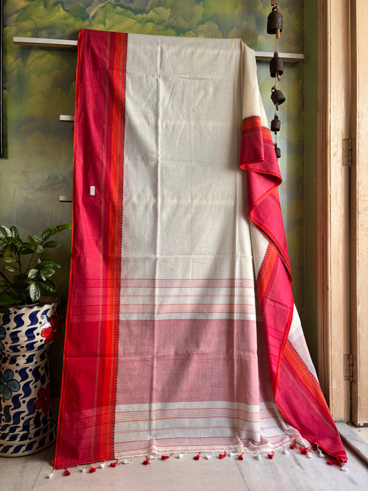 Handwoven Offwhite Red Phulia Cotton Saree