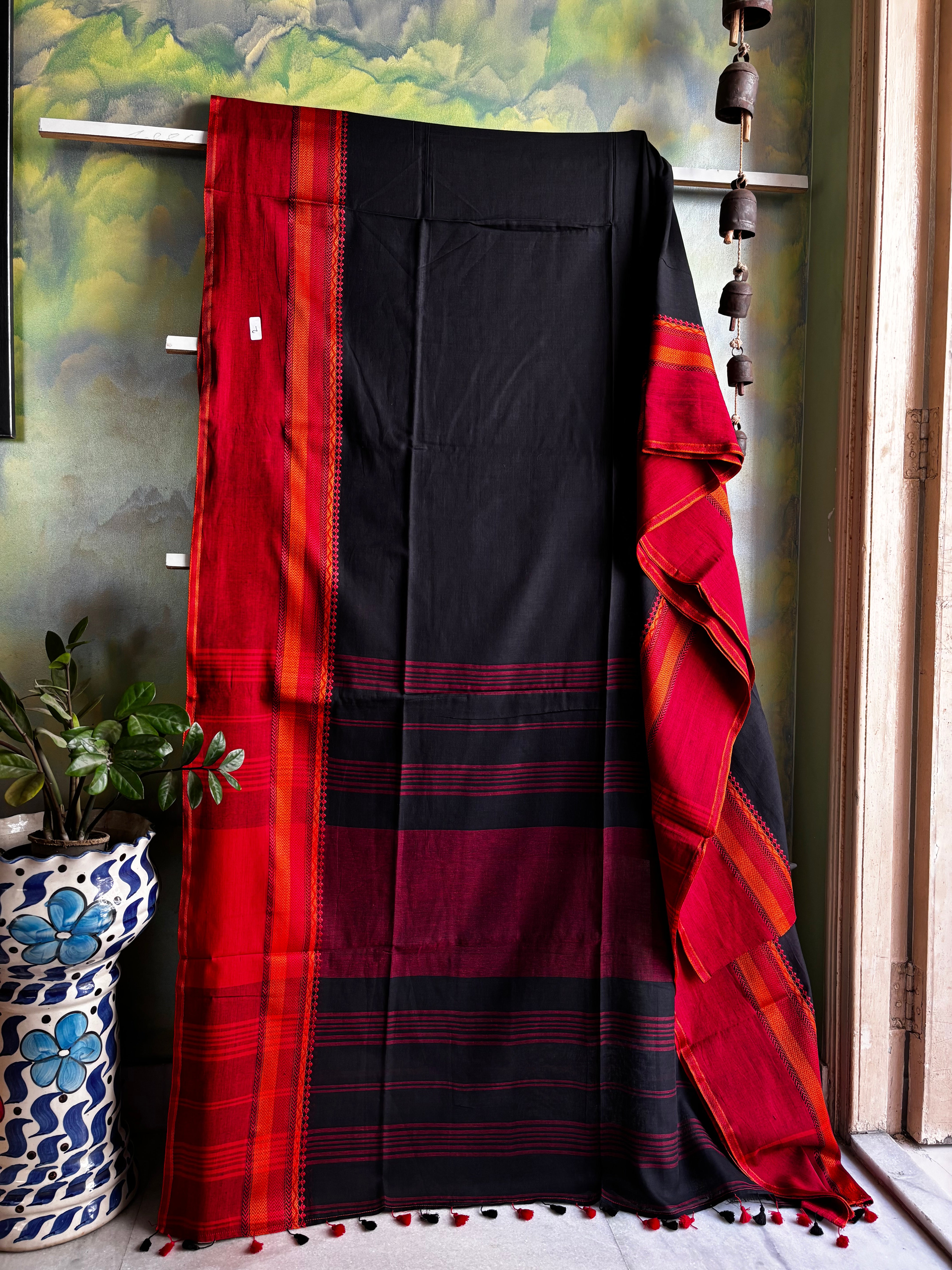 Handwoven Black Red Phulia Cotton Saree