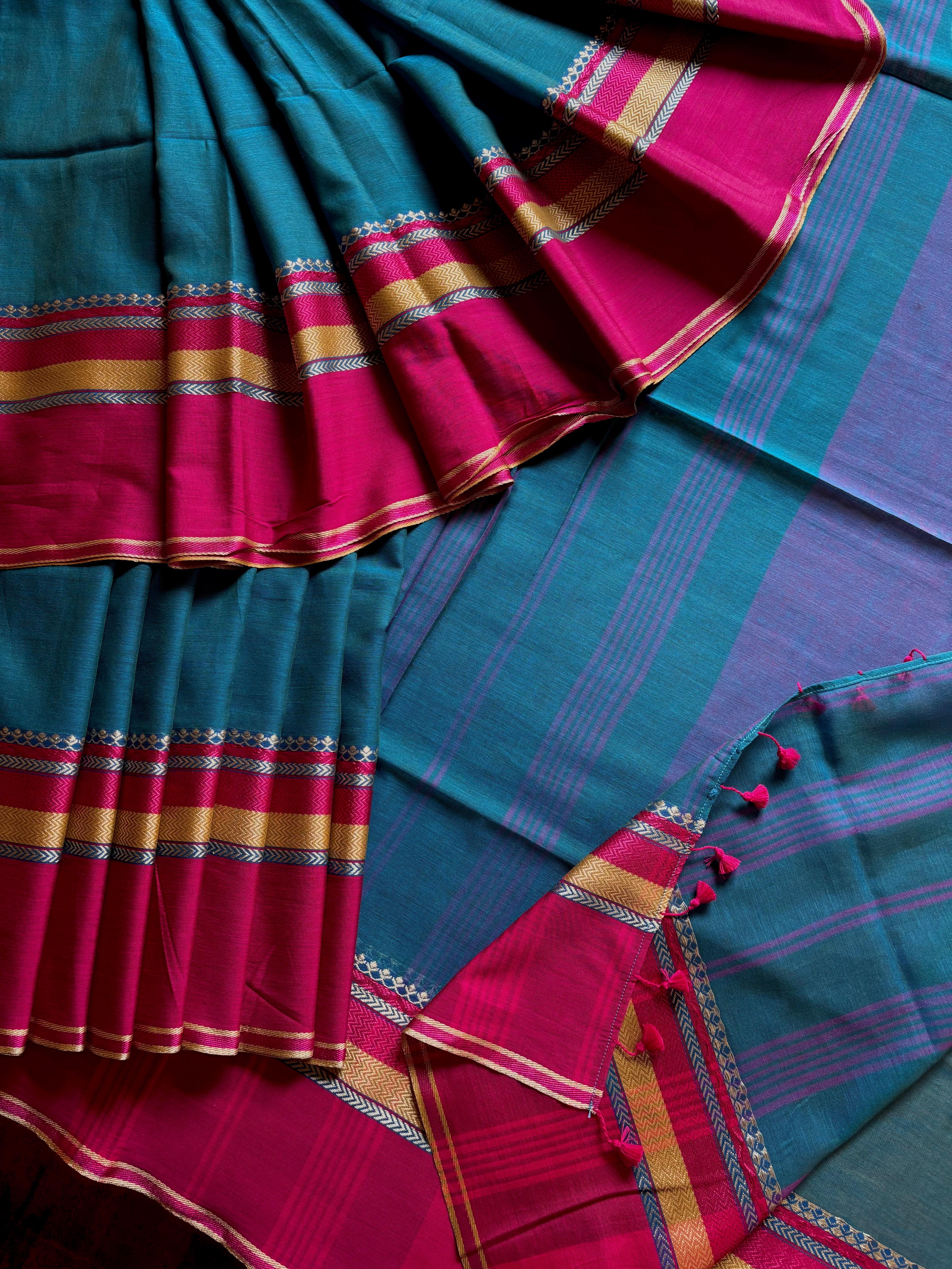 Handwoven Peacock Blue Phulia Cotton Saree