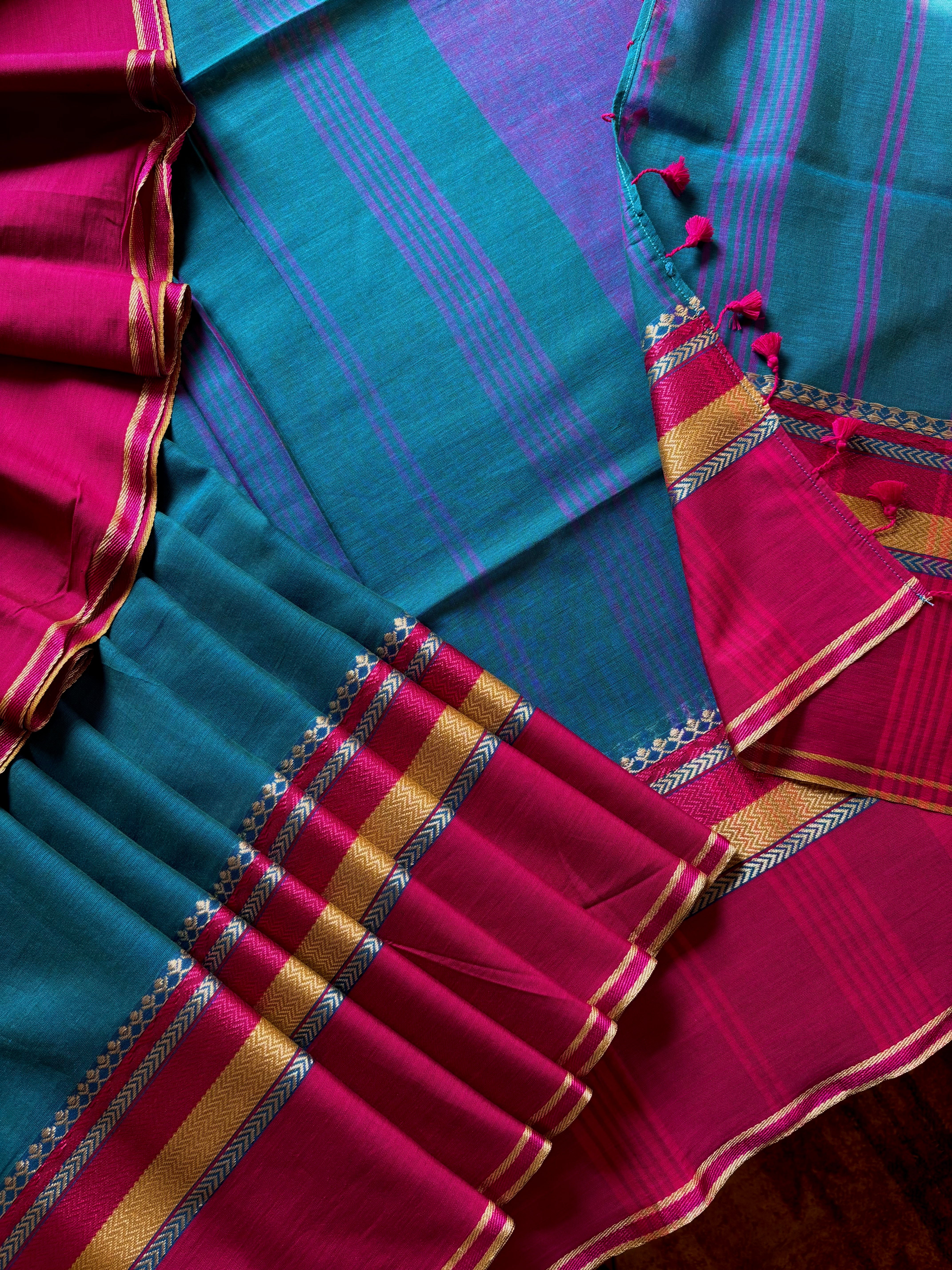 Handwoven Peacock Blue Phulia Cotton Saree