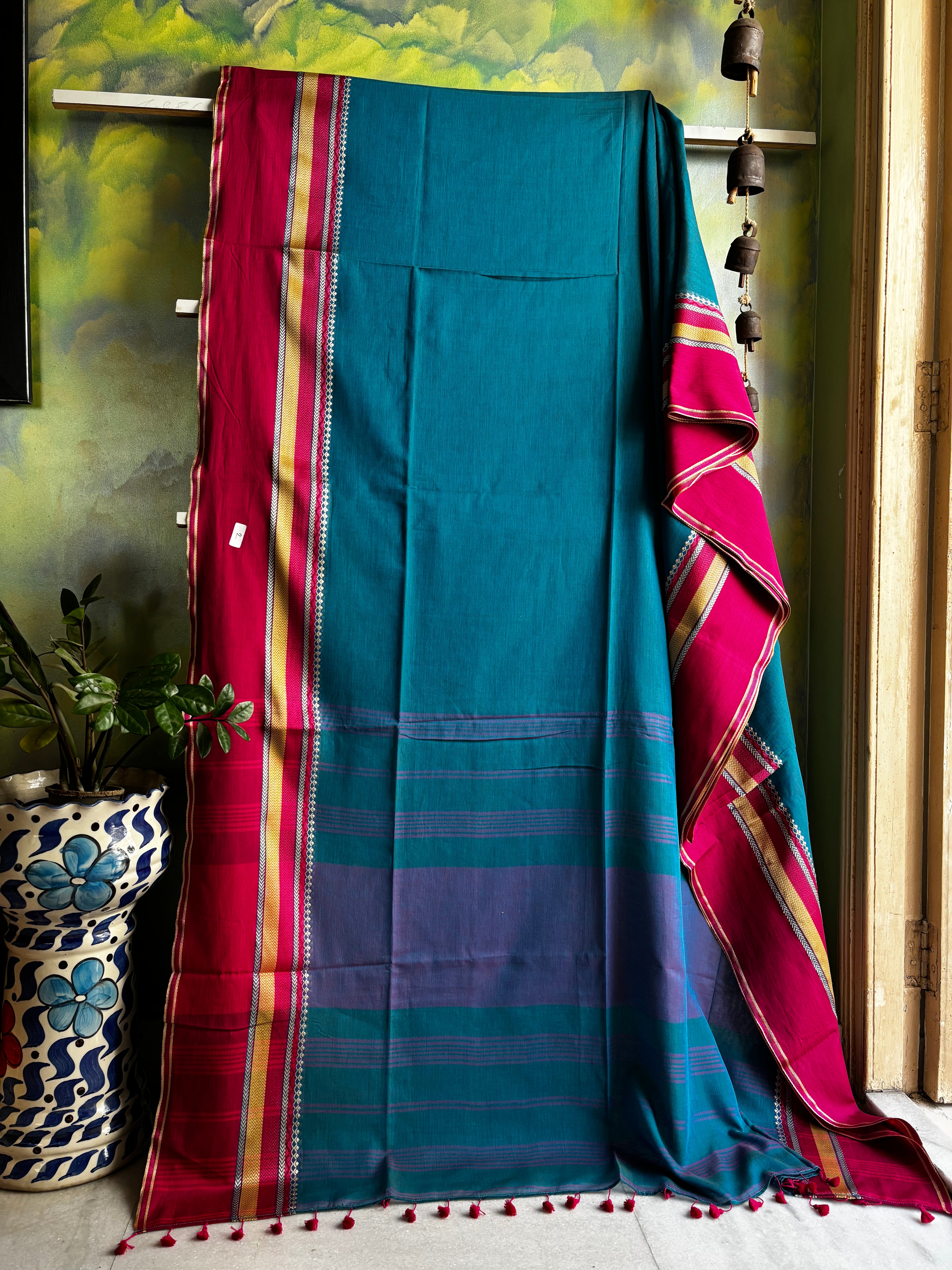 Handwoven Peacock Blue Phulia Cotton Saree