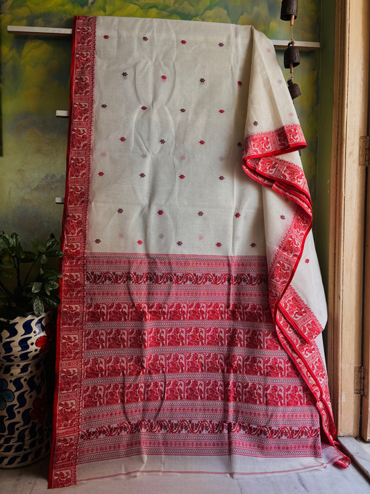 Handwoven Ofwhite Red Baluchari Cotton Saree