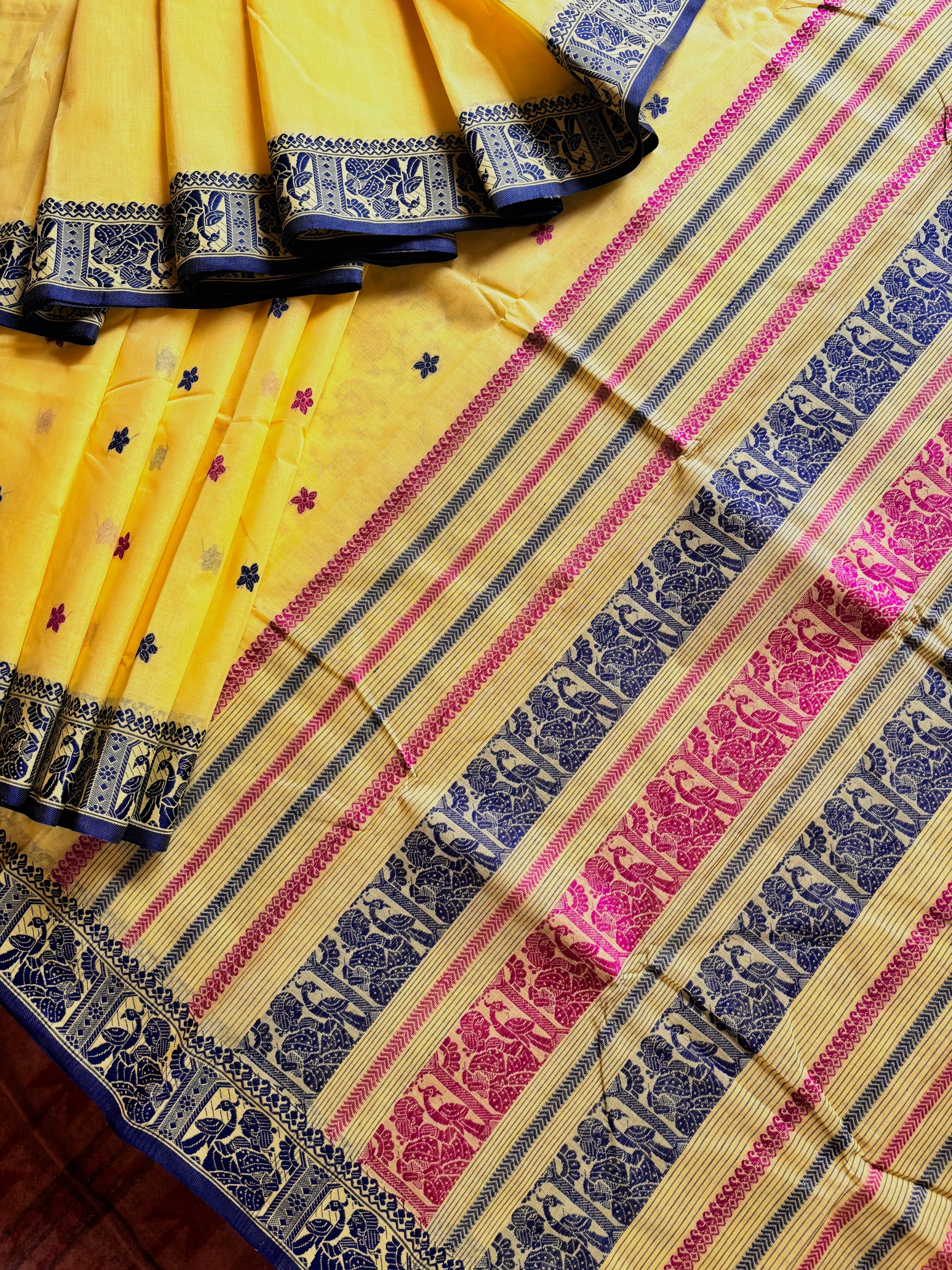 Handwoven Lemon Yellow Colour Cotton Baluchari Saree