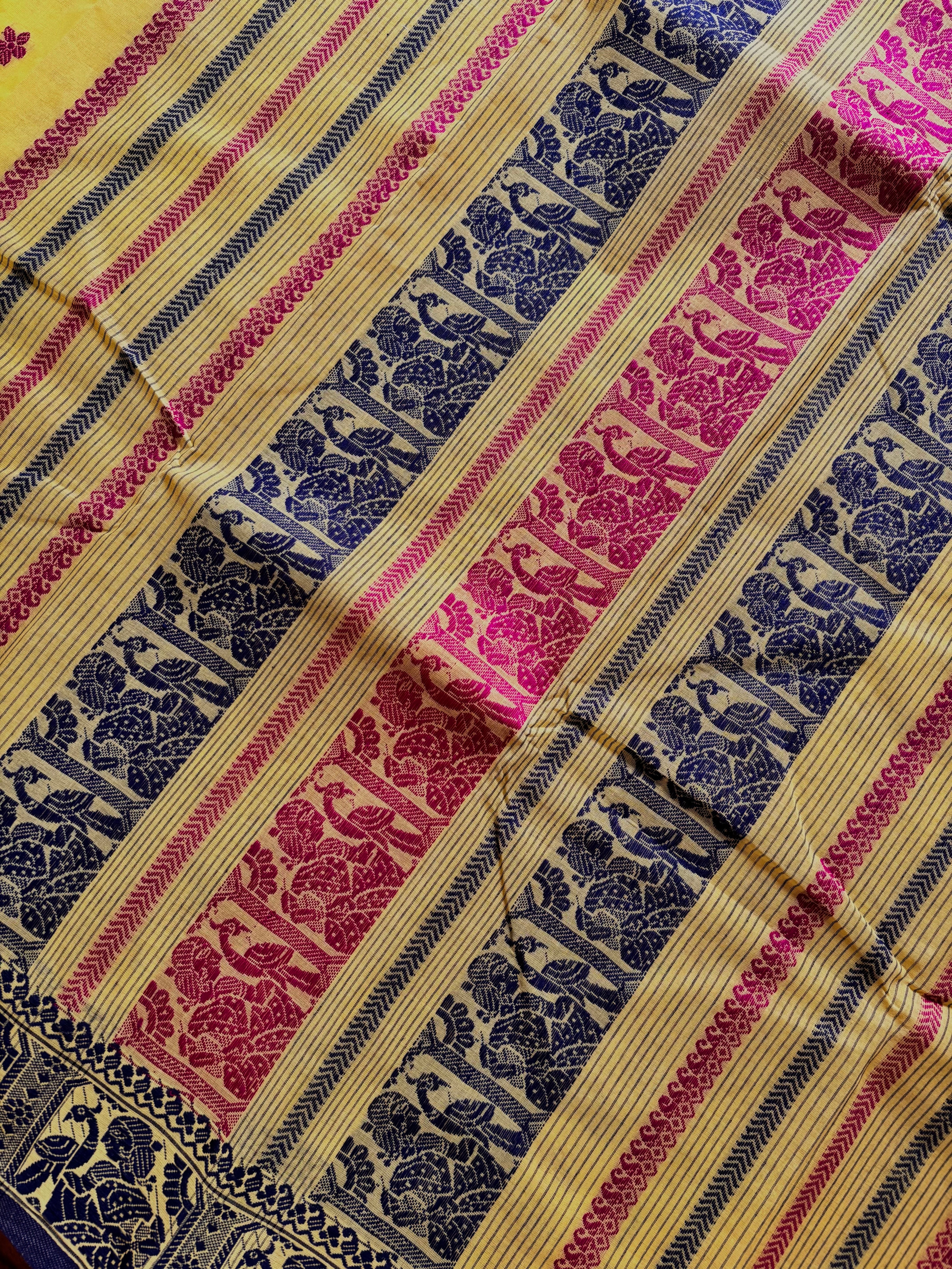 Handwoven Lemon Yellow Colour Cotton Baluchari Saree
