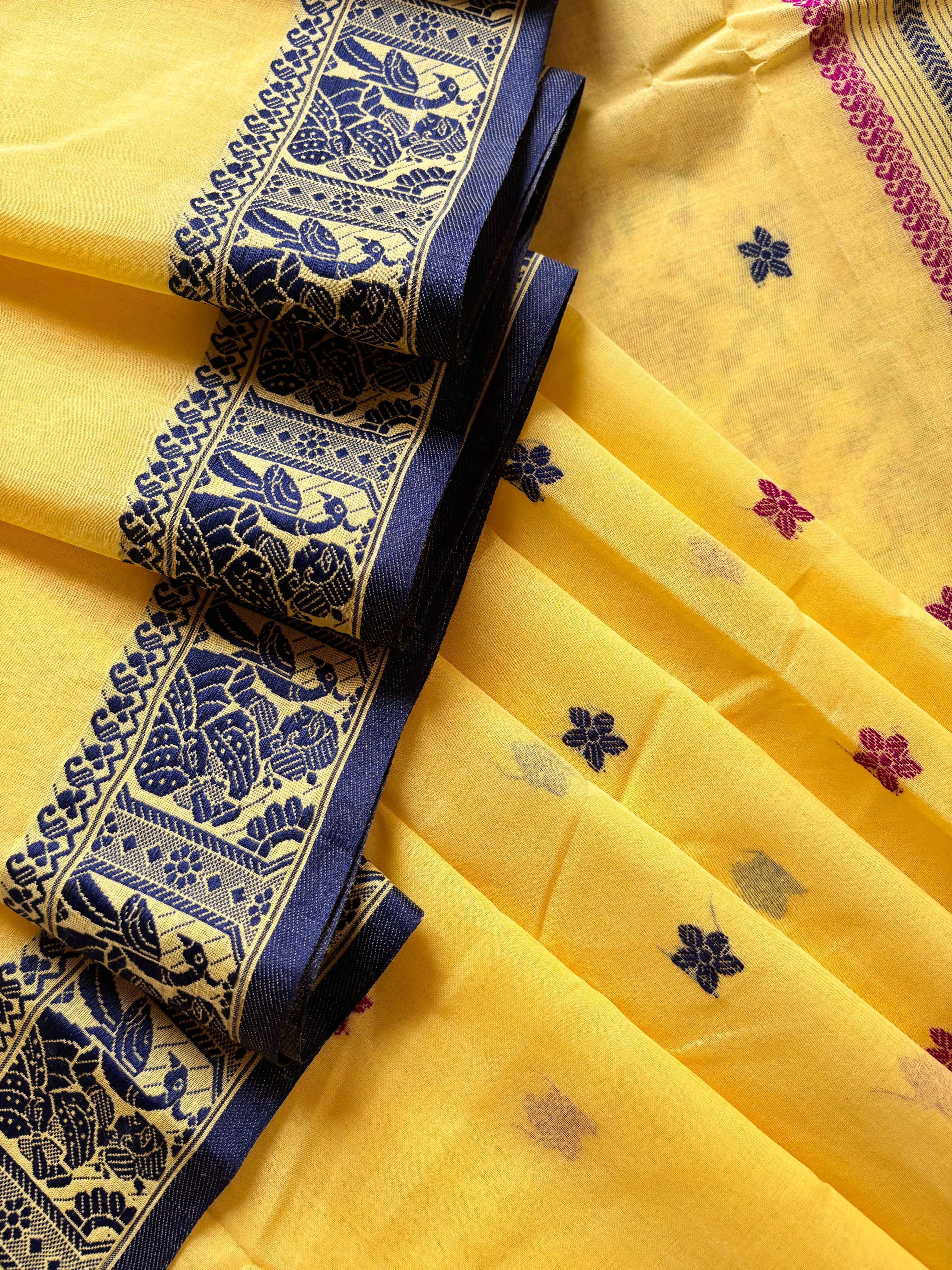 Handwoven Lemon Yellow Colour Cotton Baluchari Saree