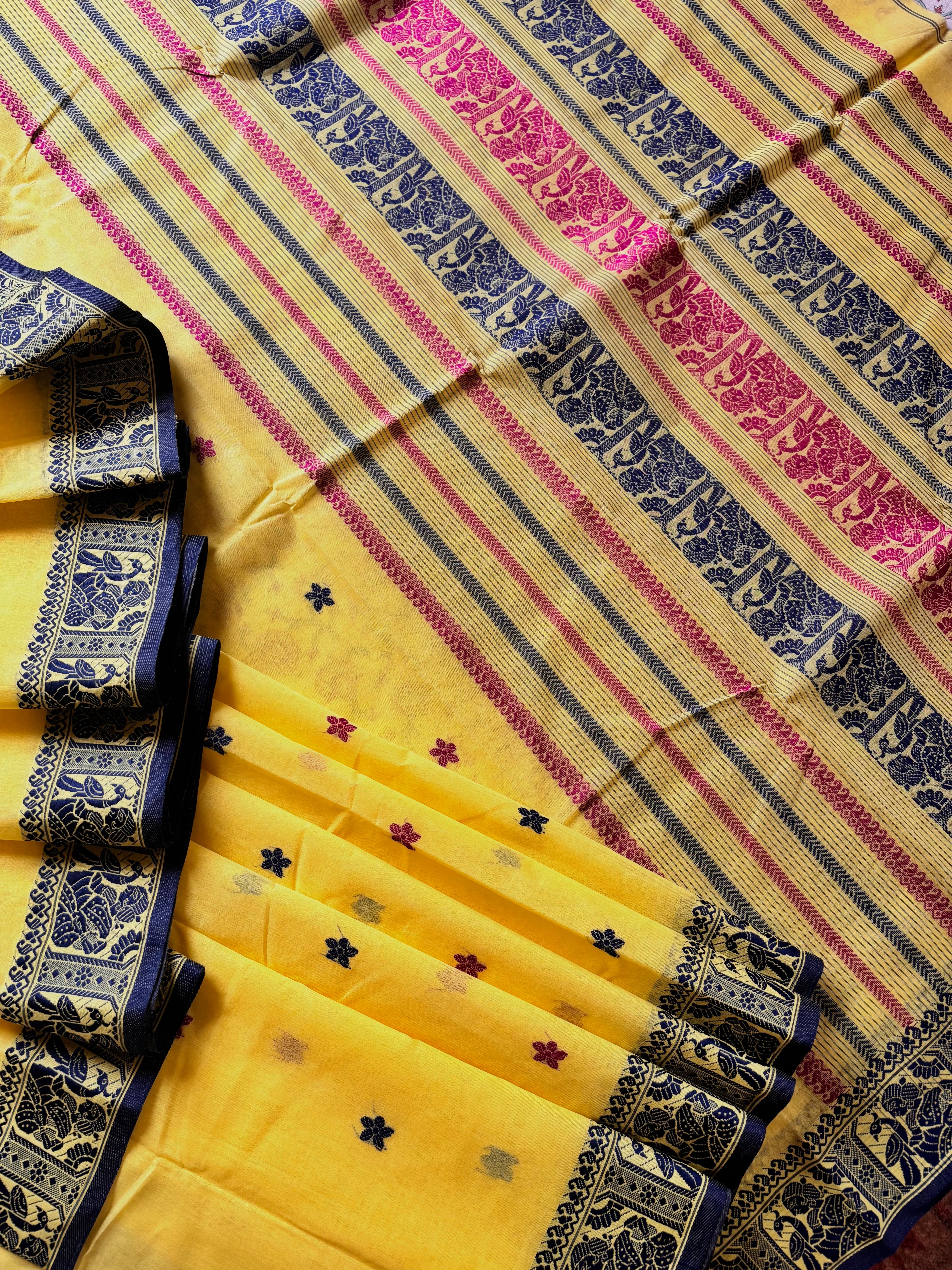 Handwoven Lemon Yellow Colour Cotton Baluchari Saree