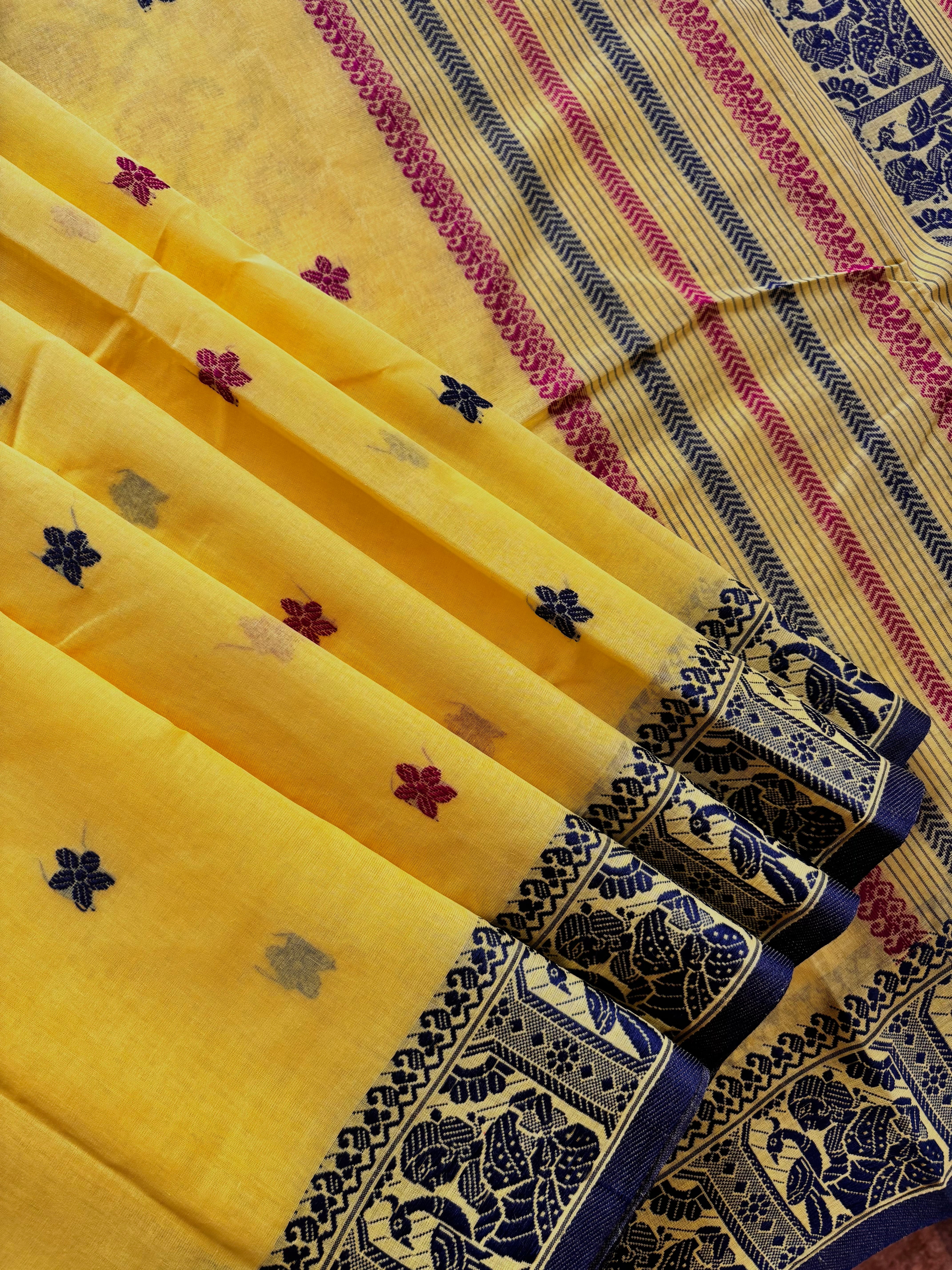 Handwoven Lemon Yellow Colour Cotton Baluchari Saree