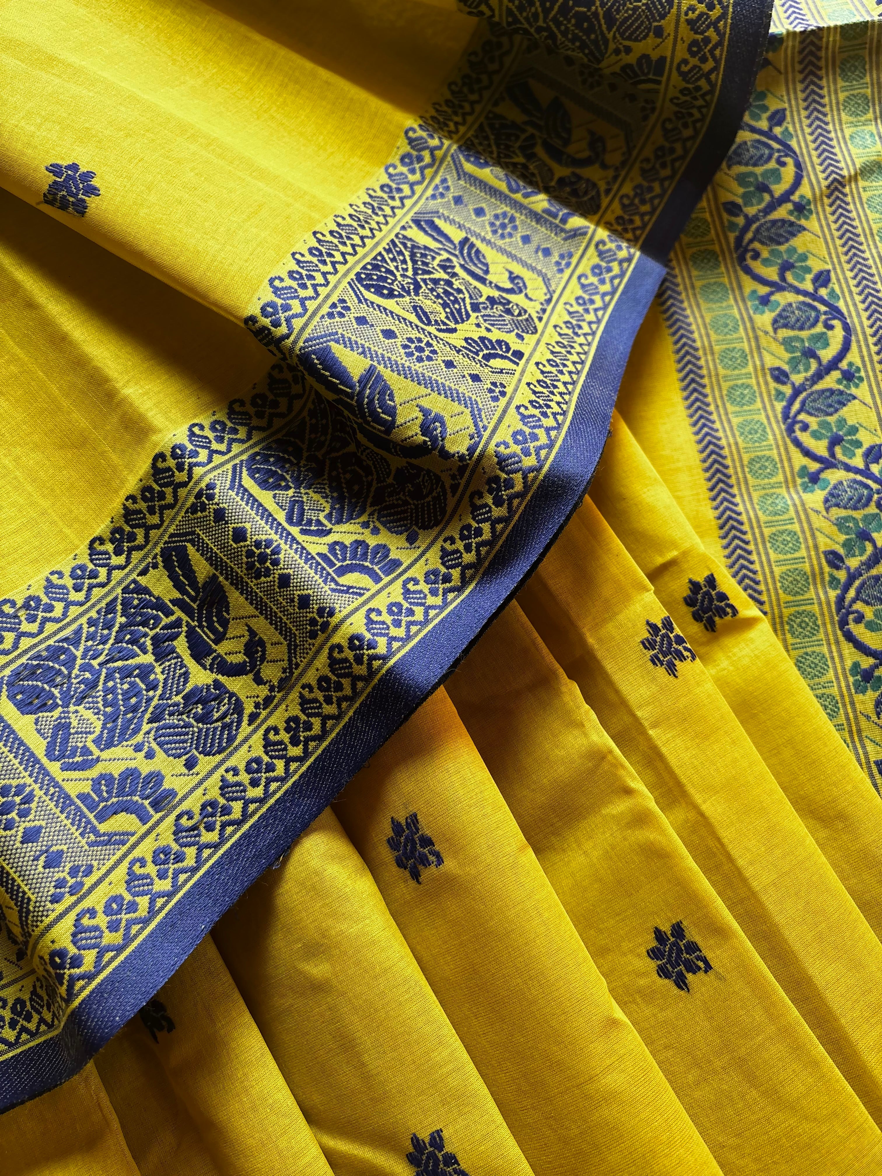 Handwoven Greenish Yellow Colour Baluchari Cotton Saree