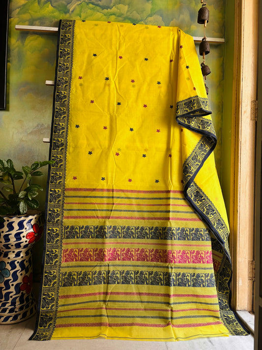 Handwoven Lemon Yellow Colour Cotton Baluchari Saree