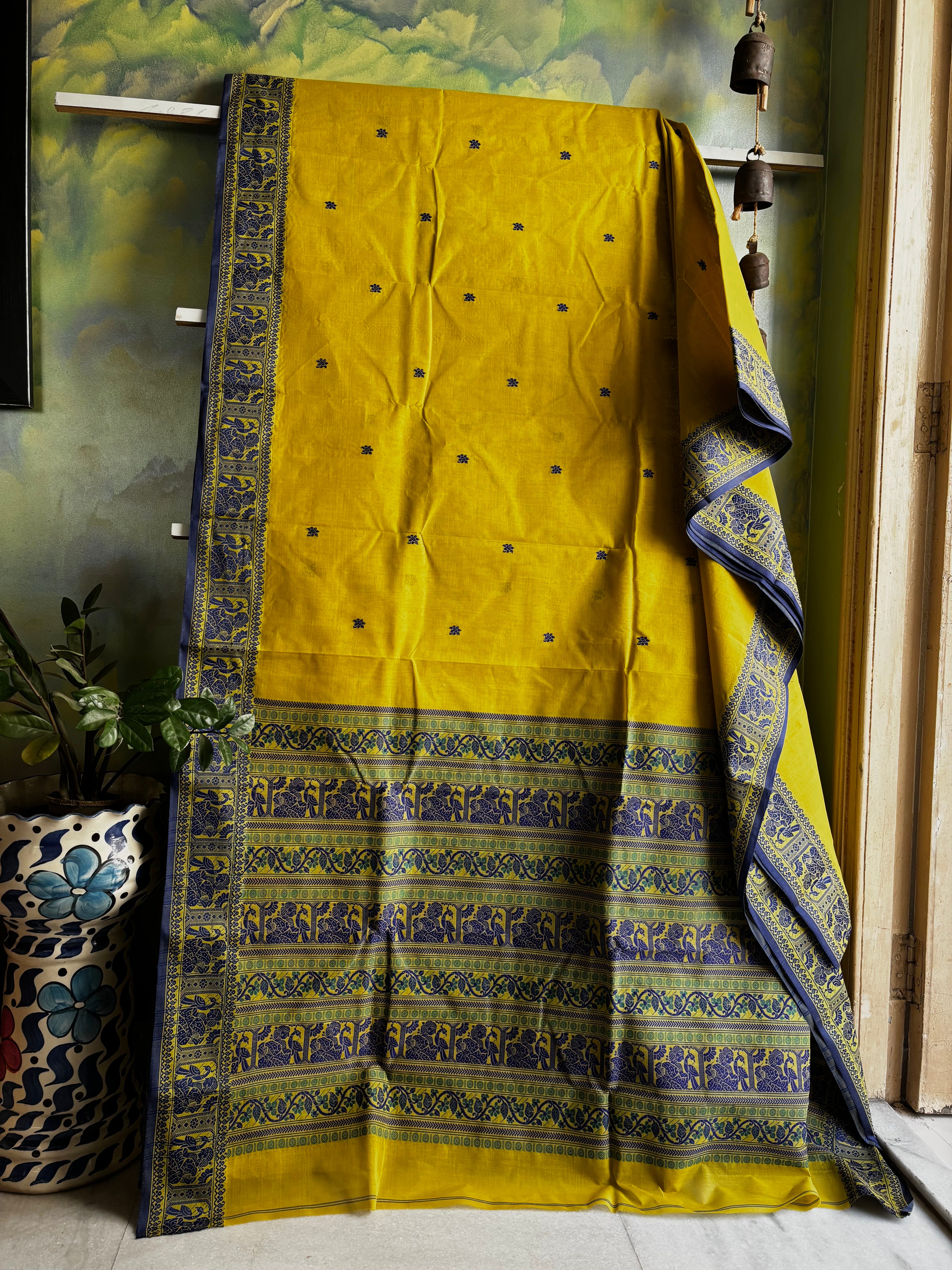 Handwoven Greenish Yellow Colour Baluchari Cotton Saree