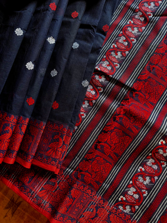 Handwoven Midnight Blue Baluchari Cotton Saree