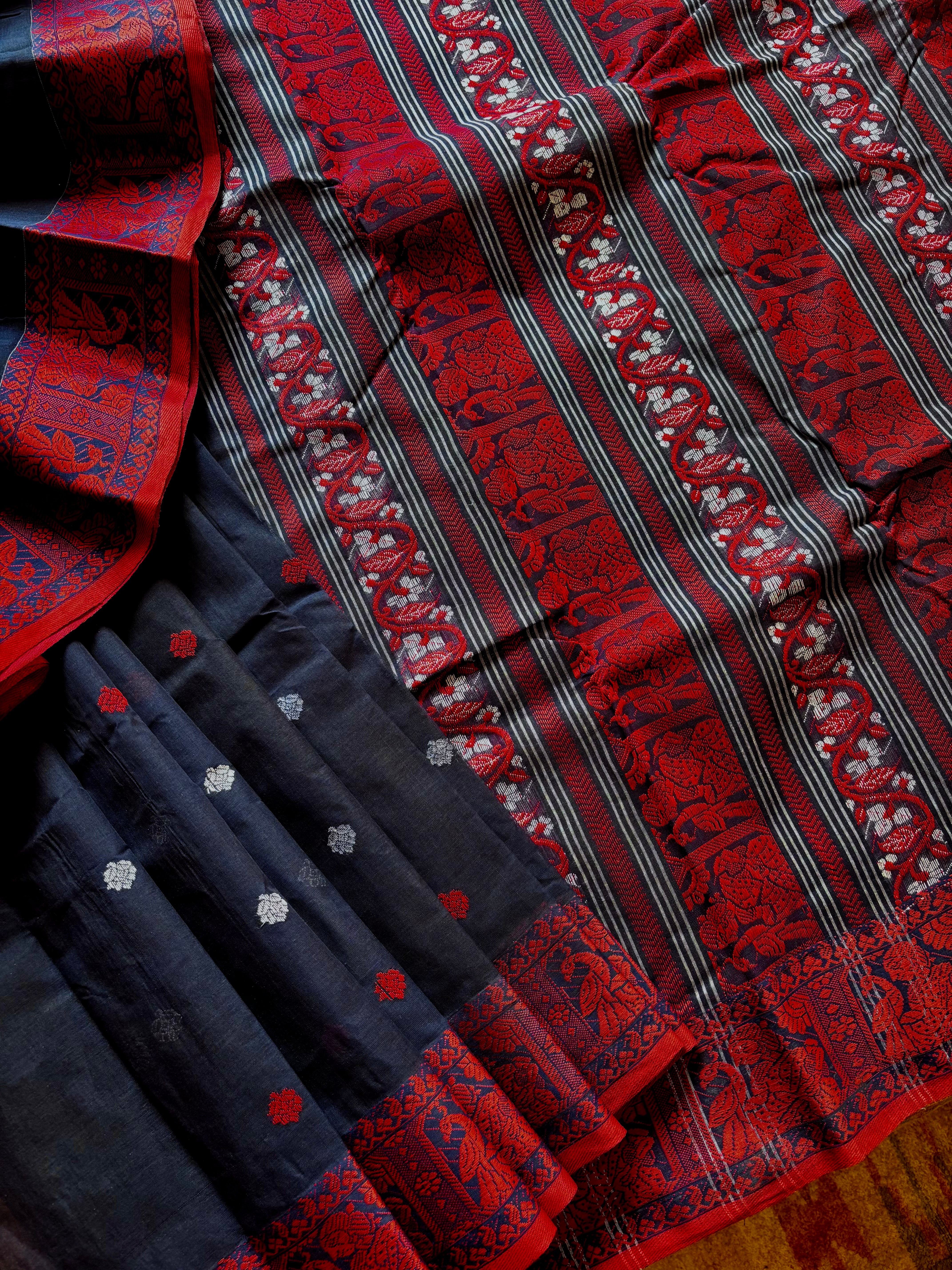 Handwoven Midnight Blue Baluchari Cotton Saree