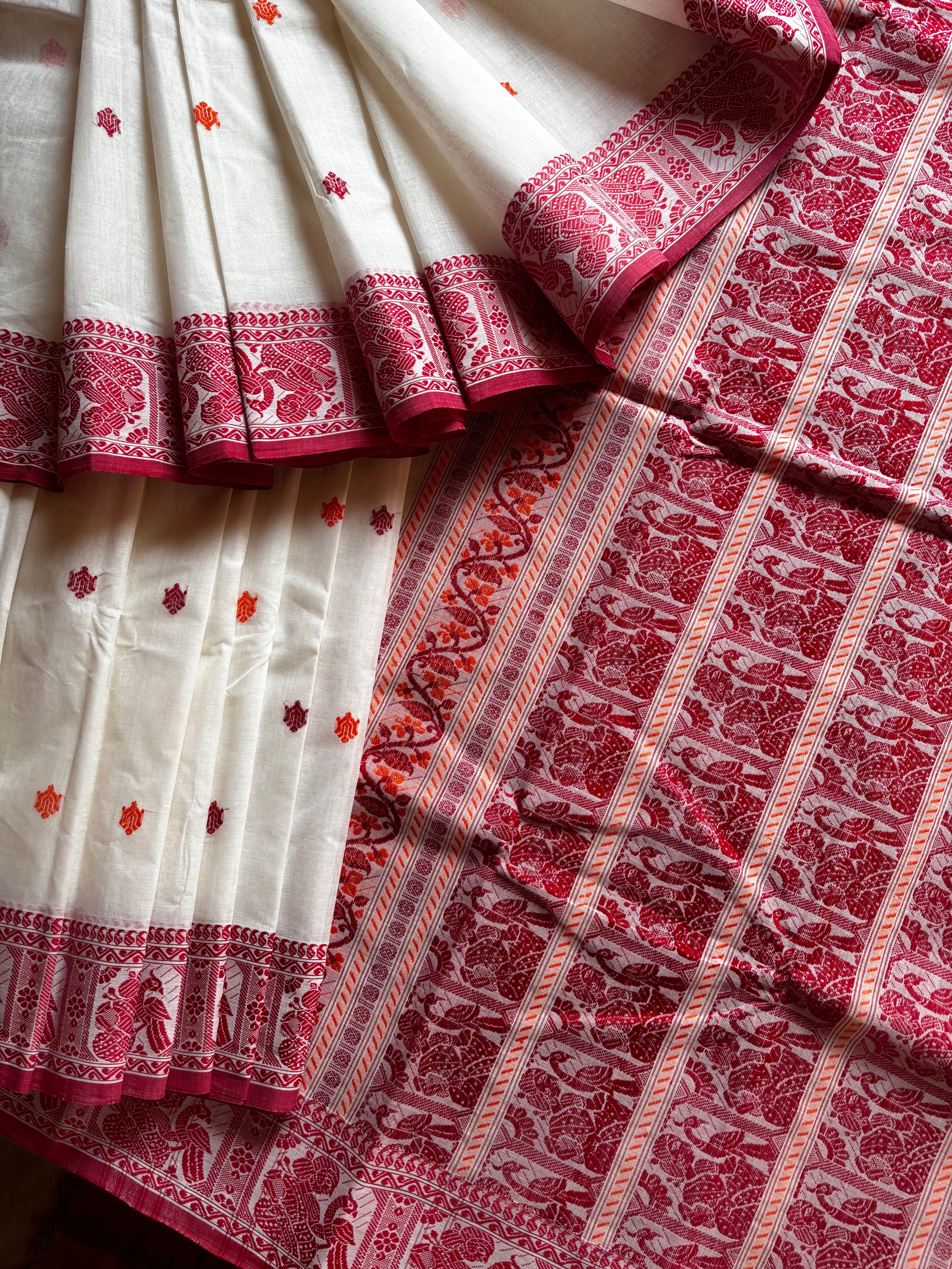 Handwoven White Red Baluchari Cotton Saree