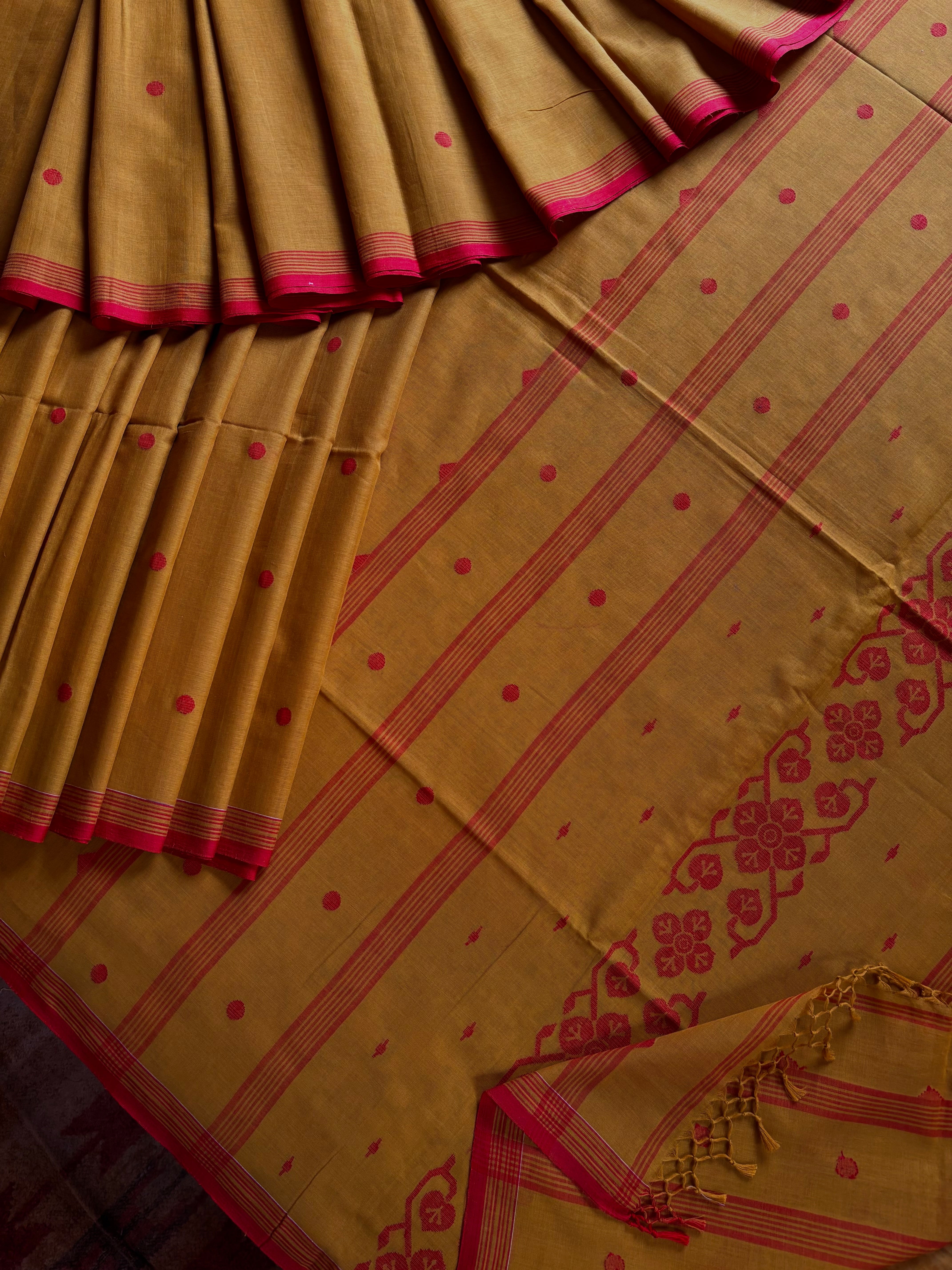 Handwoven Mustard Colour Cotton Jamdani Saree