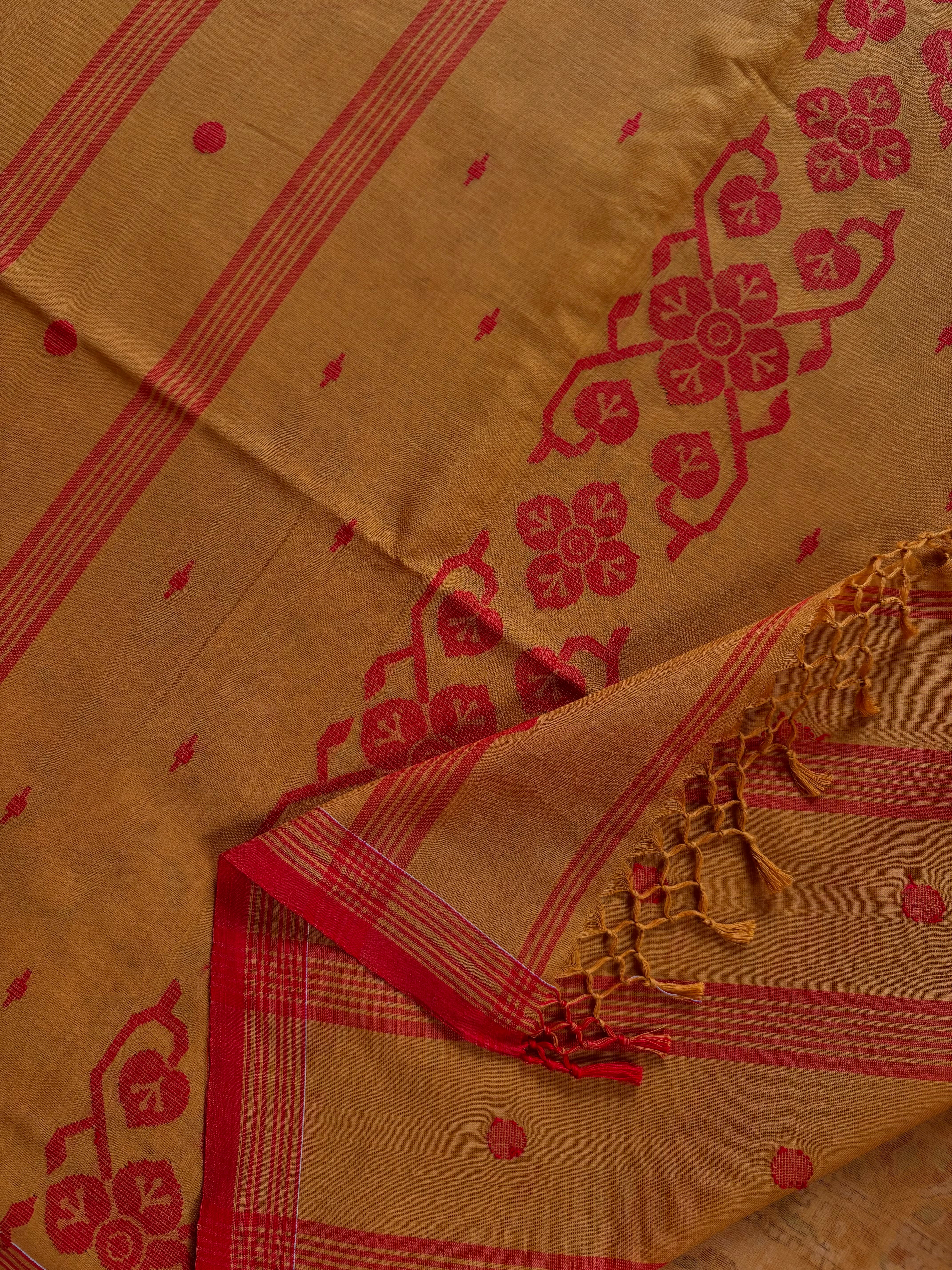 Handwoven Mustard Colour Cotton Jamdani Saree