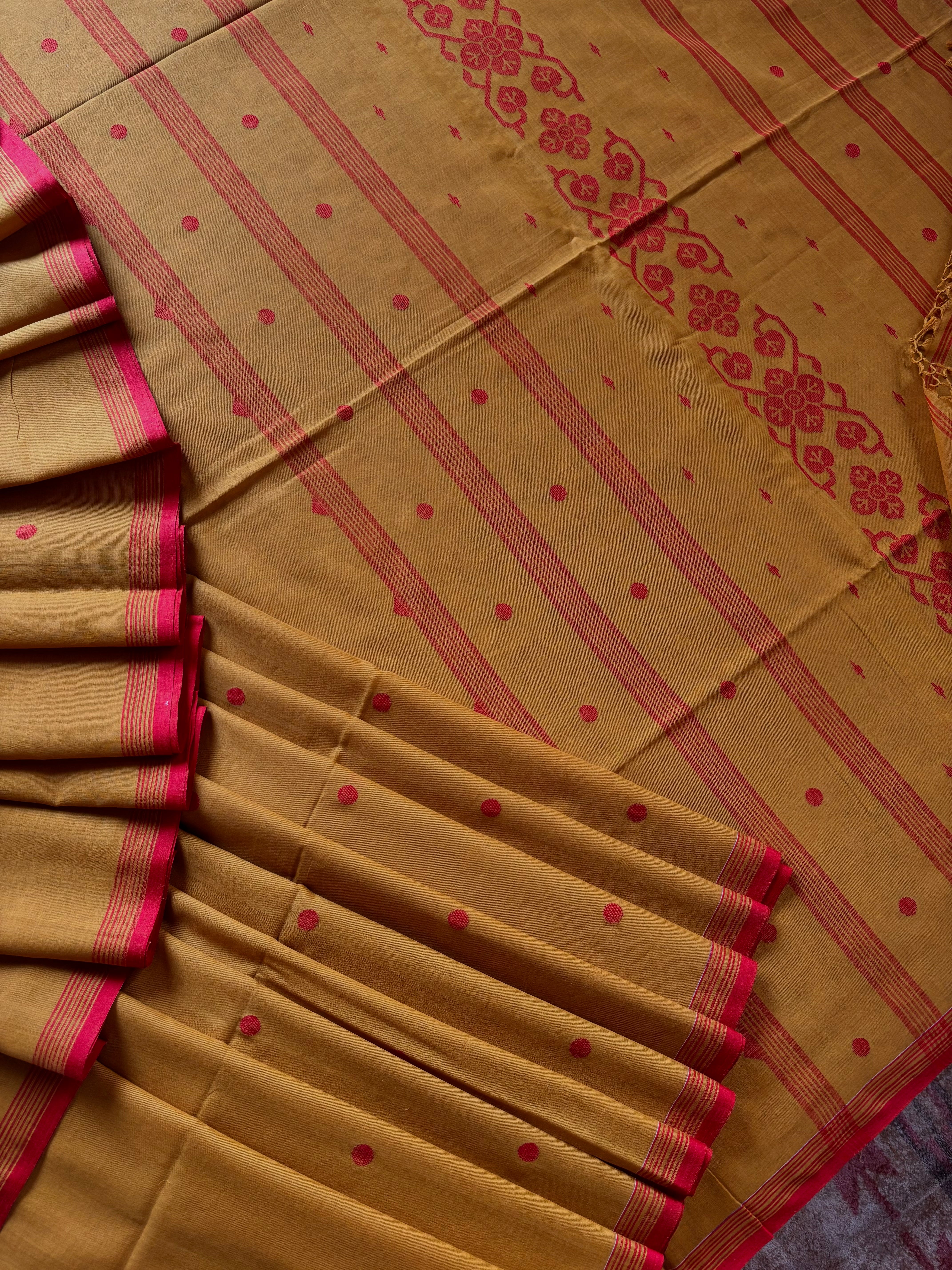 Handwoven Mustard Colour Cotton Jamdani Saree