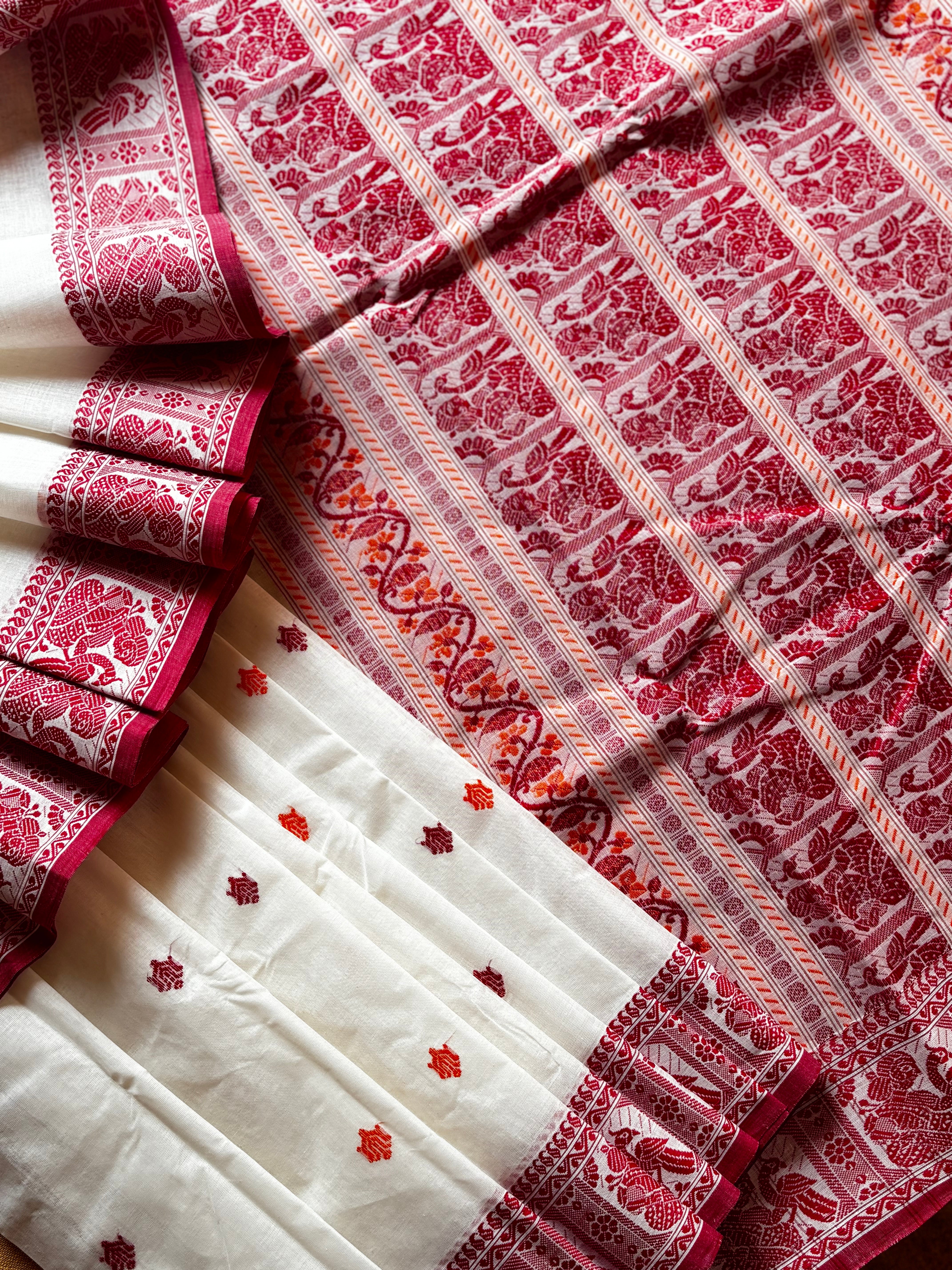 Handwoven White Red Baluchari Cotton Saree