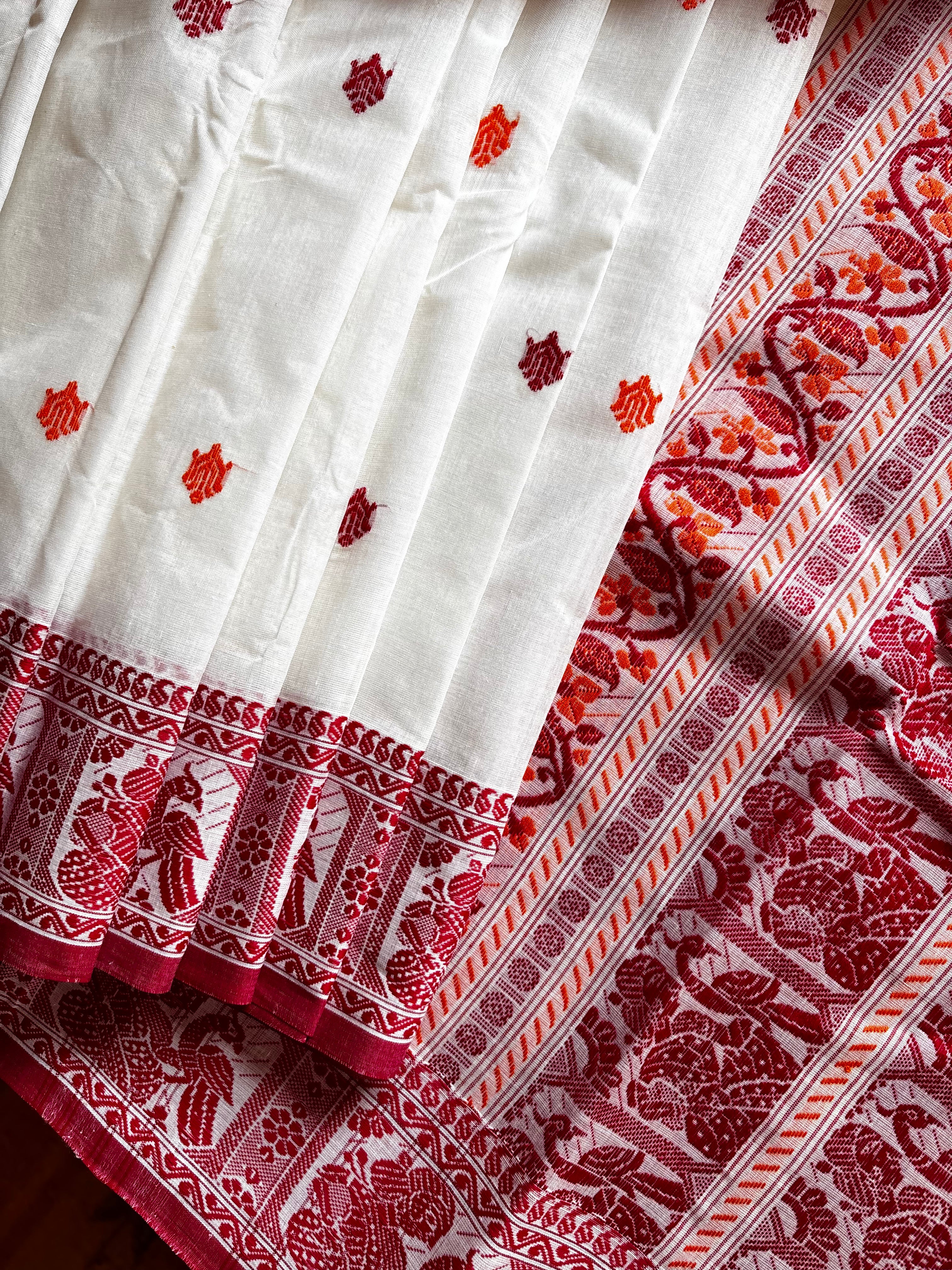 Handwoven White Red Baluchari Cotton Saree