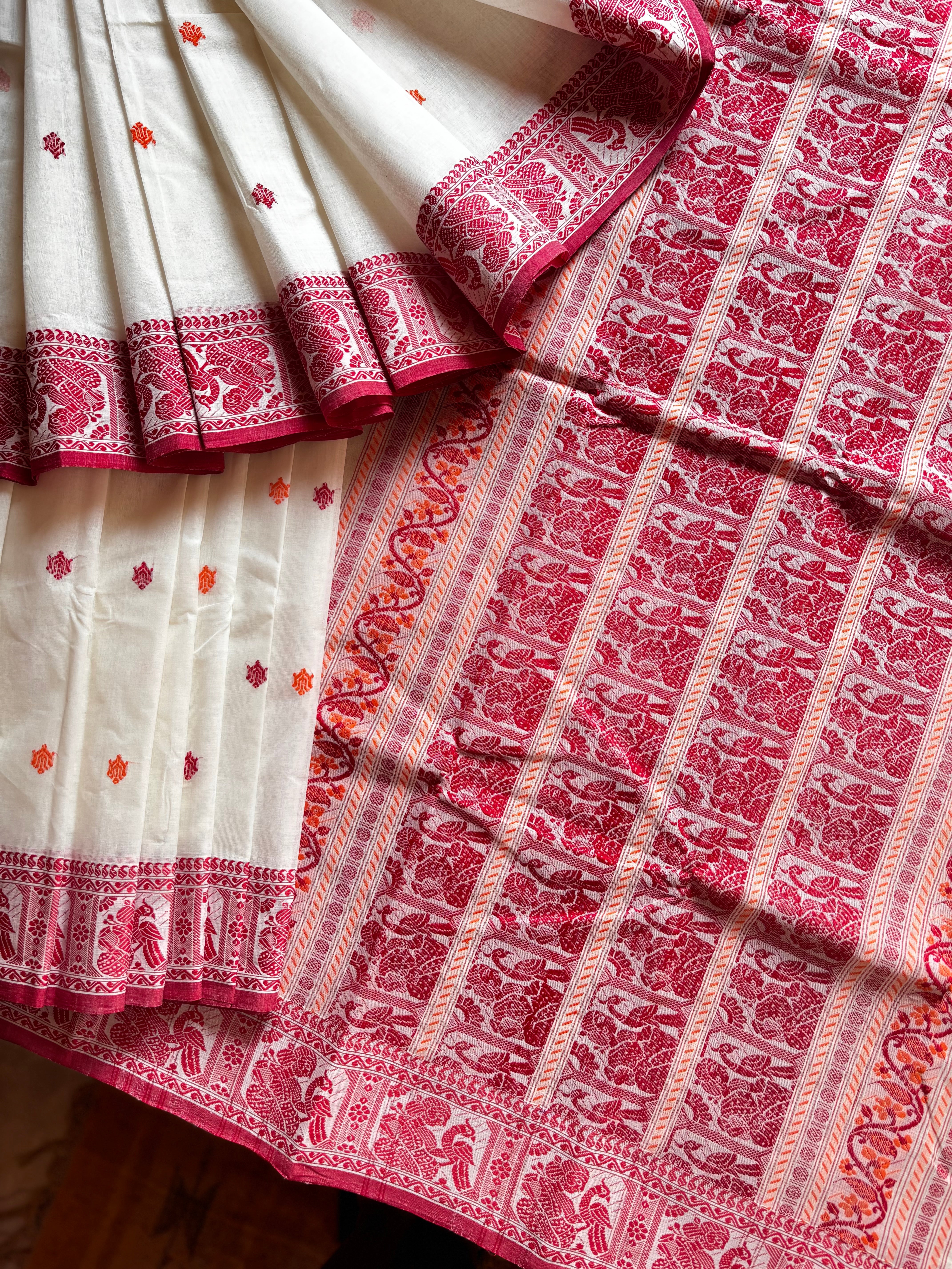 Handwoven White Red Baluchari Cotton Saree