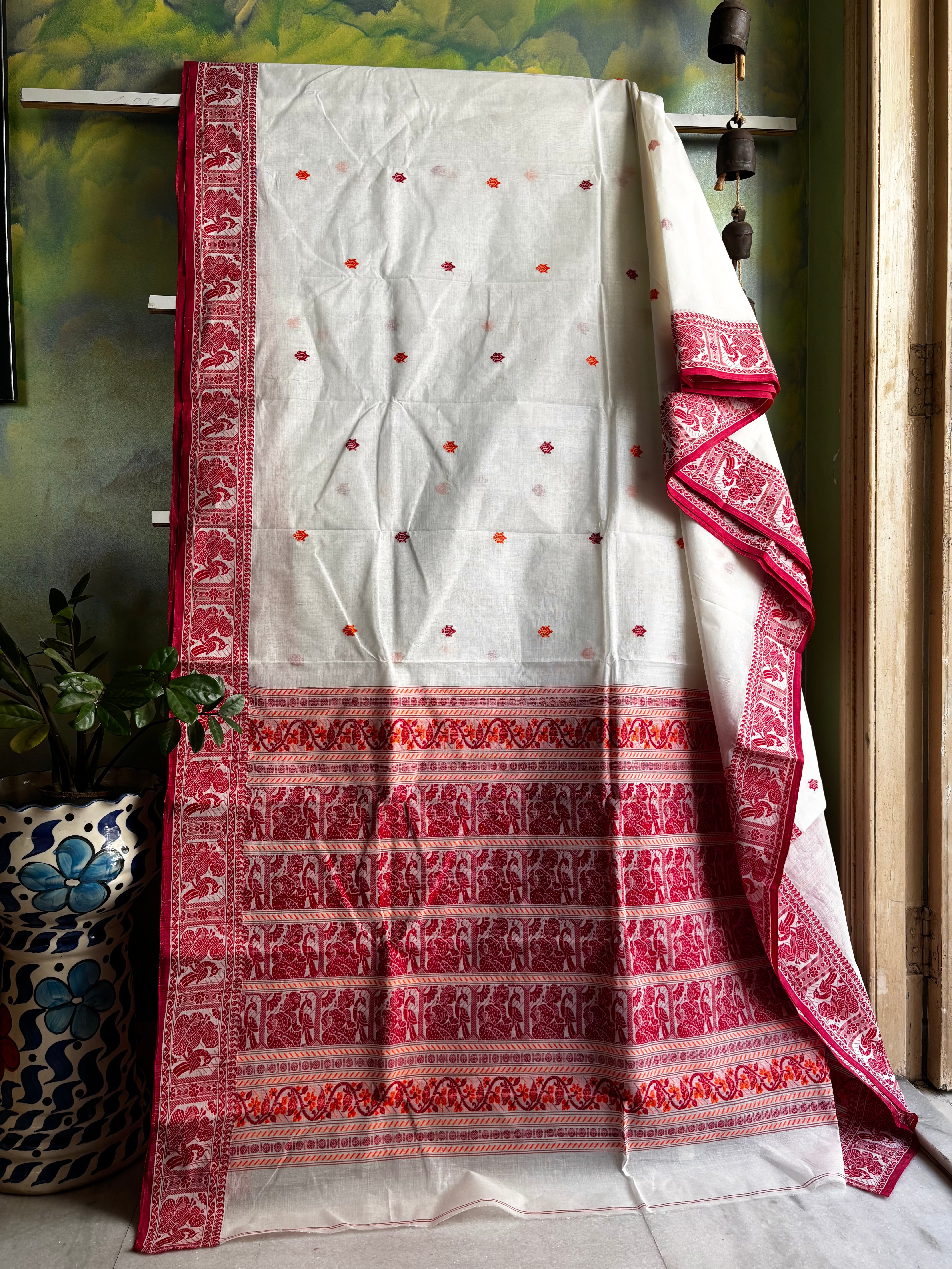 Handwoven White Red Baluchari Cotton Saree