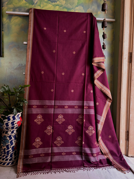 Handwoven Purple Brown Cotton Jamdani Saree