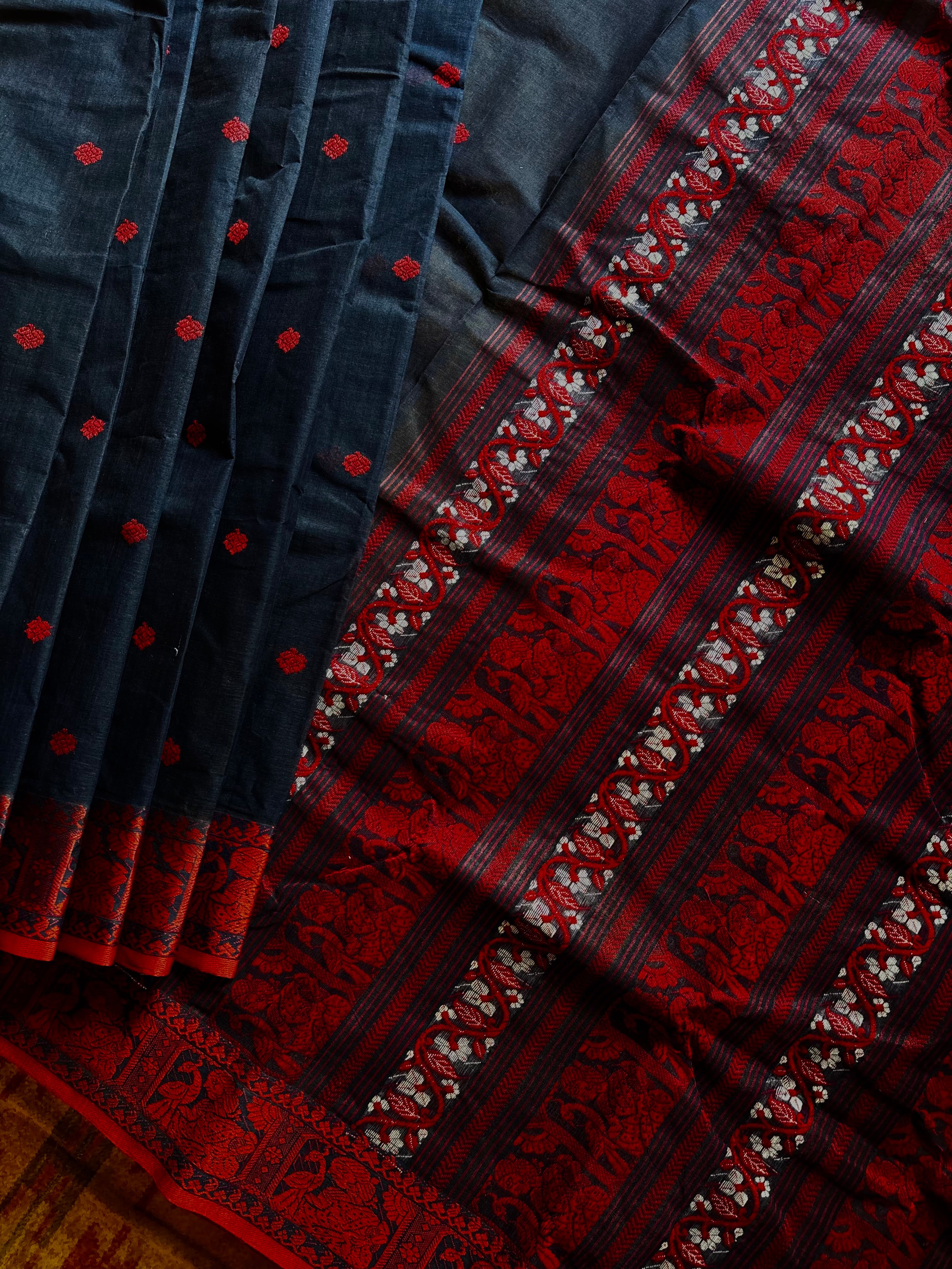 Handwoven Midnight Blue Red Baluchari Cotton Saree