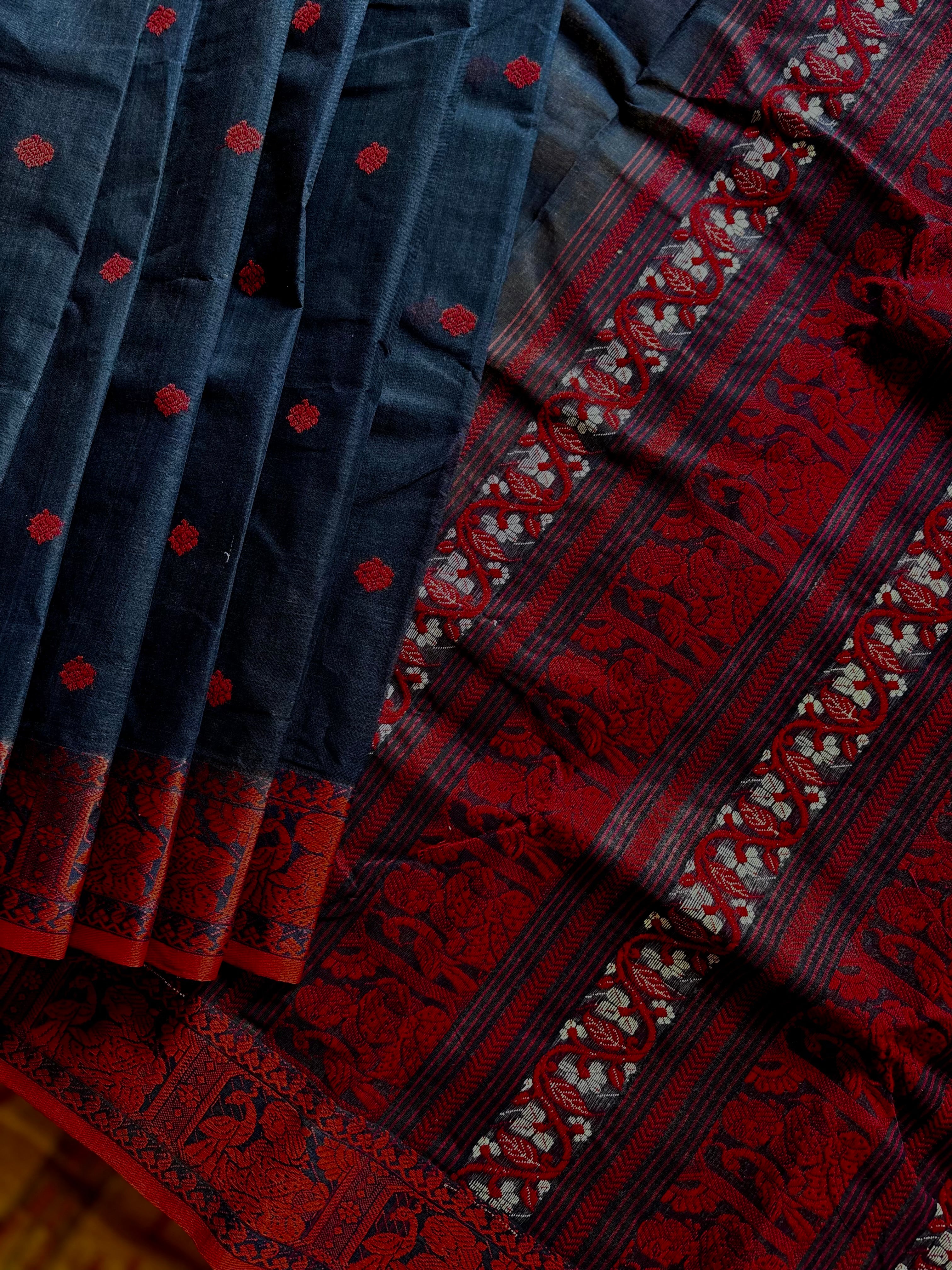 Handwoven Midnight Blue Red Baluchari Cotton Saree