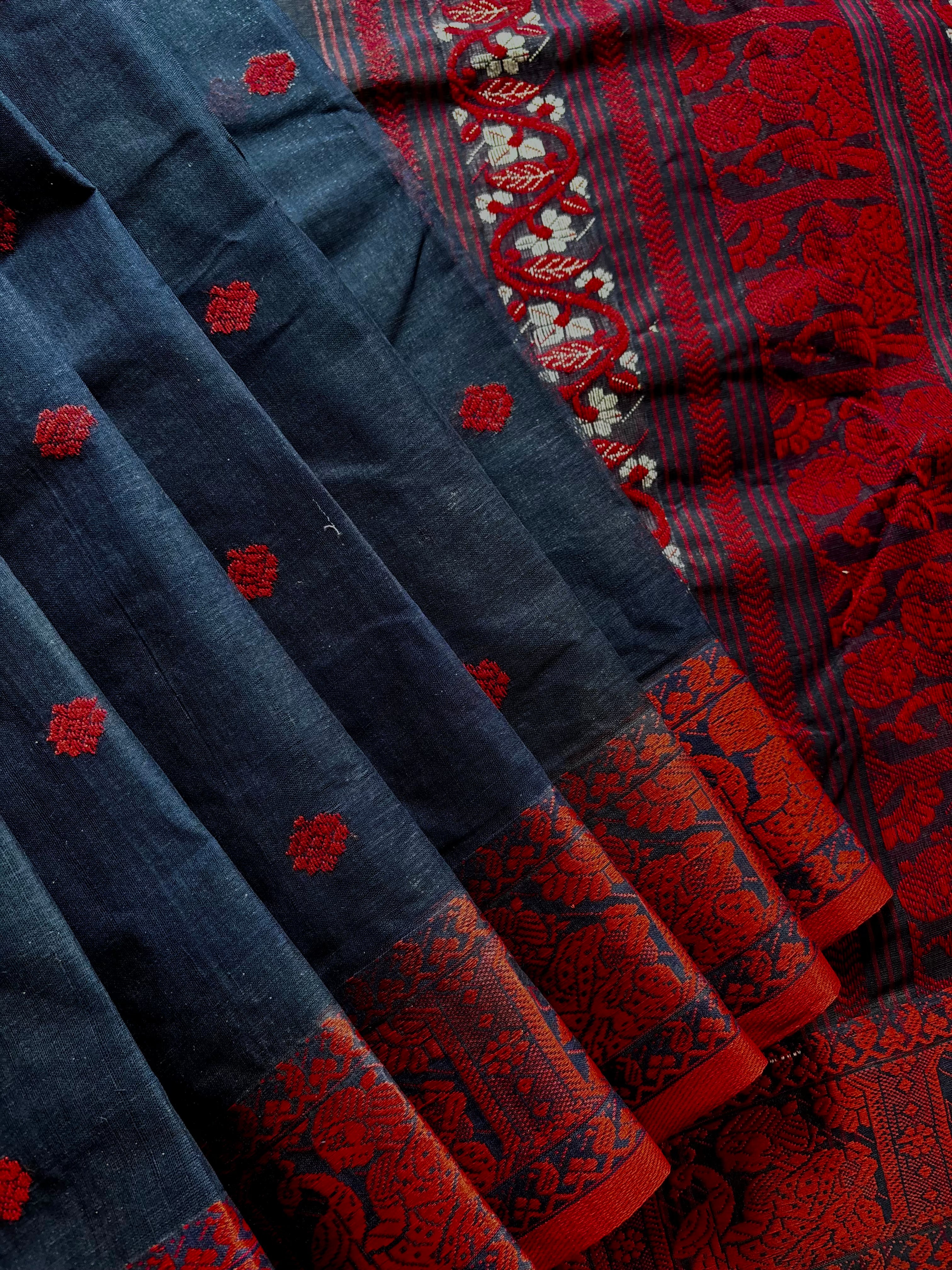 Handwoven Midnight Blue Red Baluchari Cotton Saree