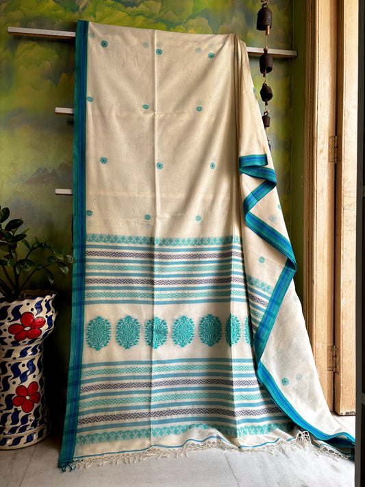 Handwoven Cream White Cotton Jamdani Saree
