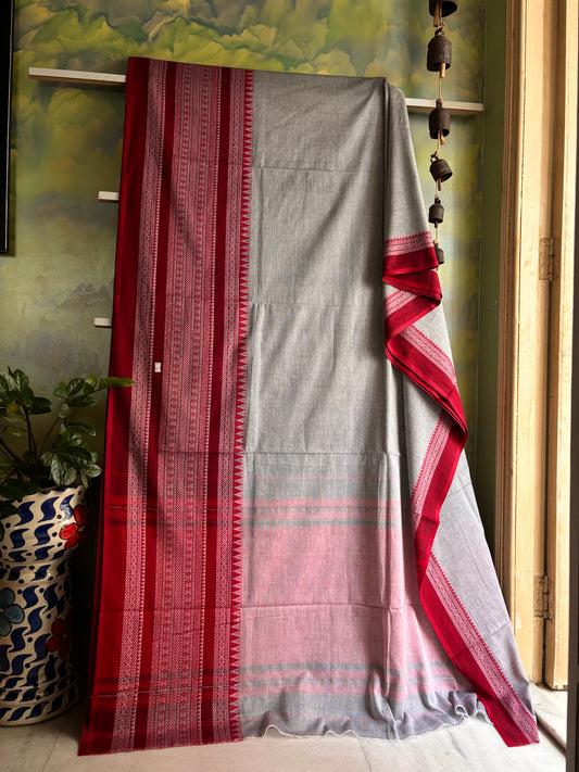 Handwoven Grey Red Colour Cotton Dhonekhali Saree