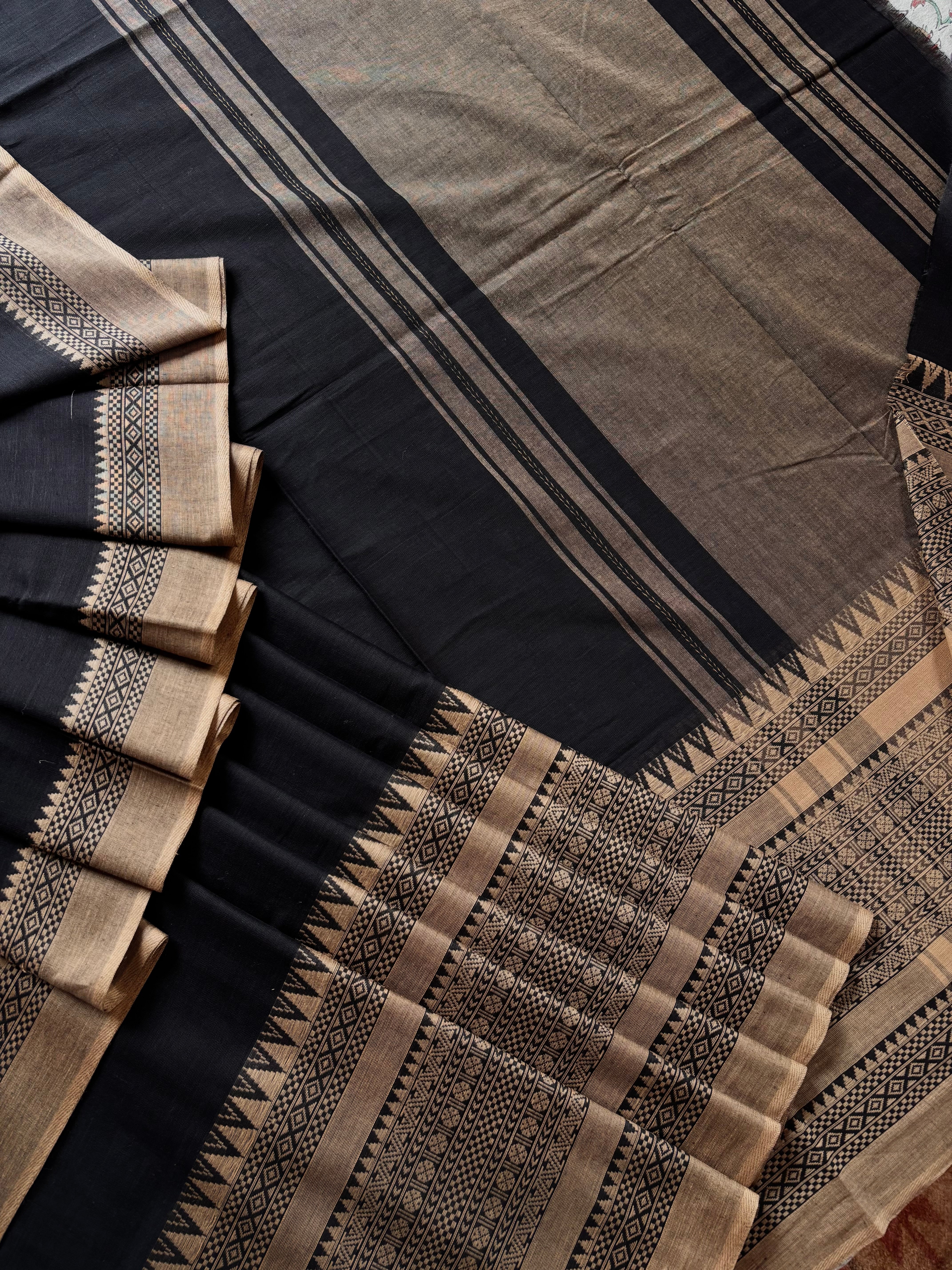Handwoven Black Beige Cotton Dhonekhali Saree