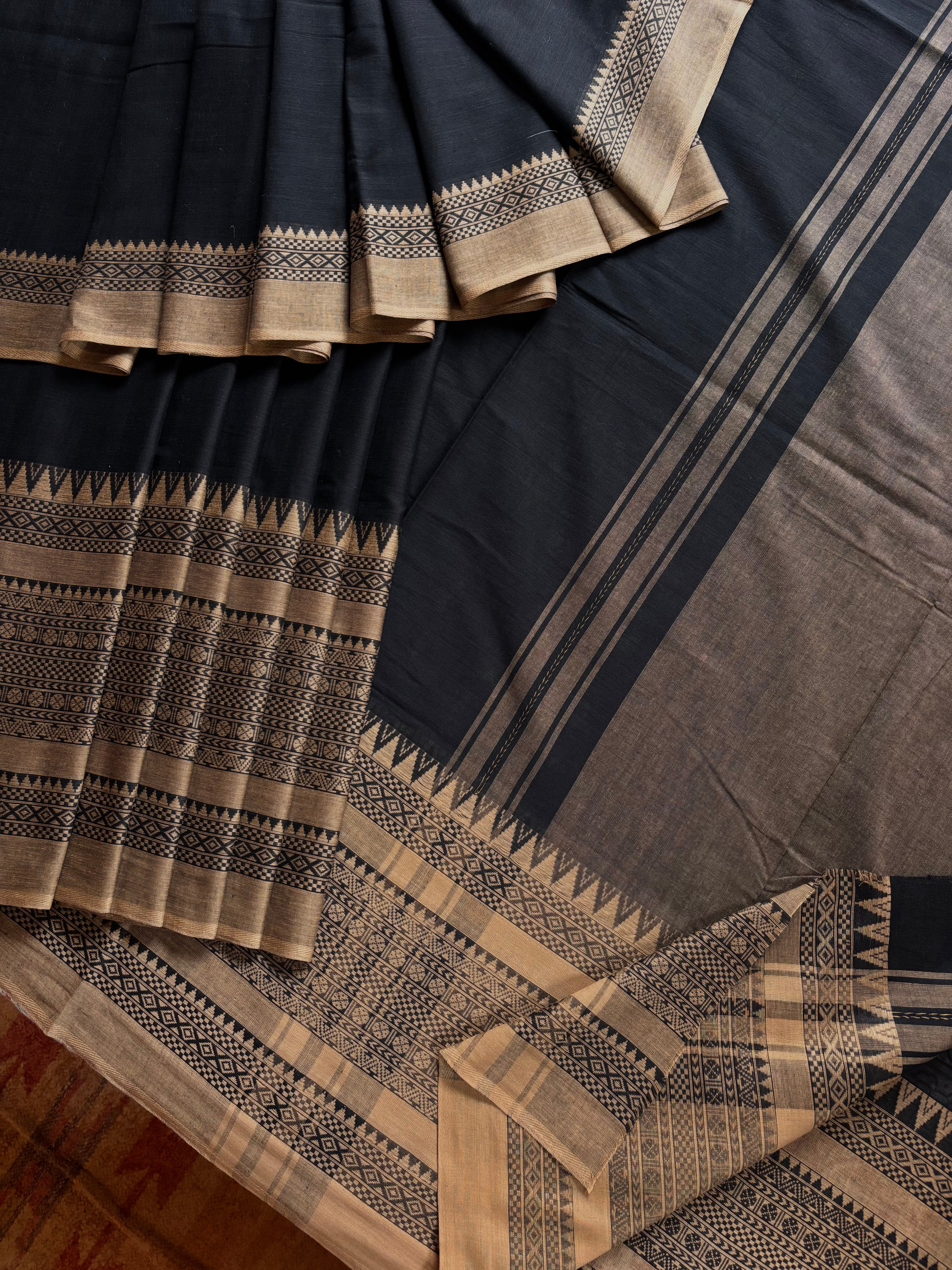 Handwoven Black Beige Cotton Dhonekhali Saree