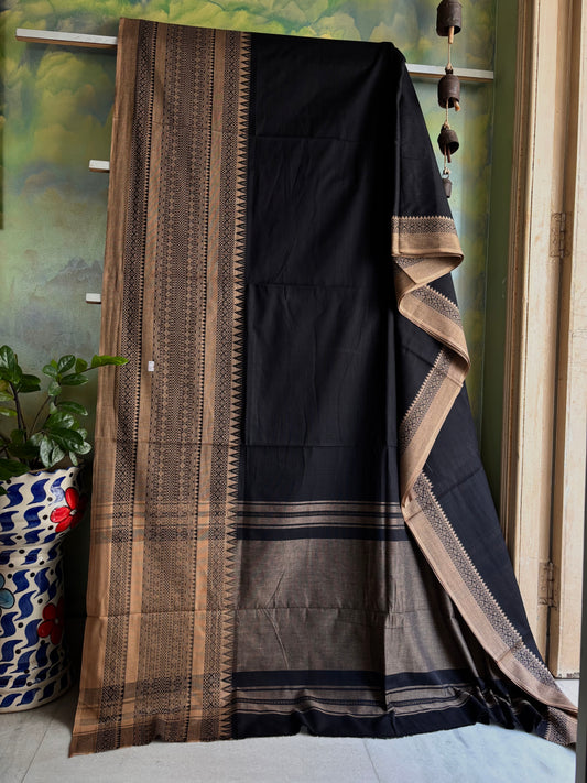 Handwoven Black Beige Cotton Dhonekhali Saree