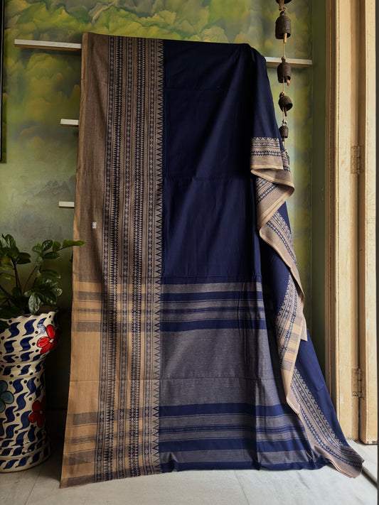 Handwoven Blue Beige Cotton Dhonekhali Saree