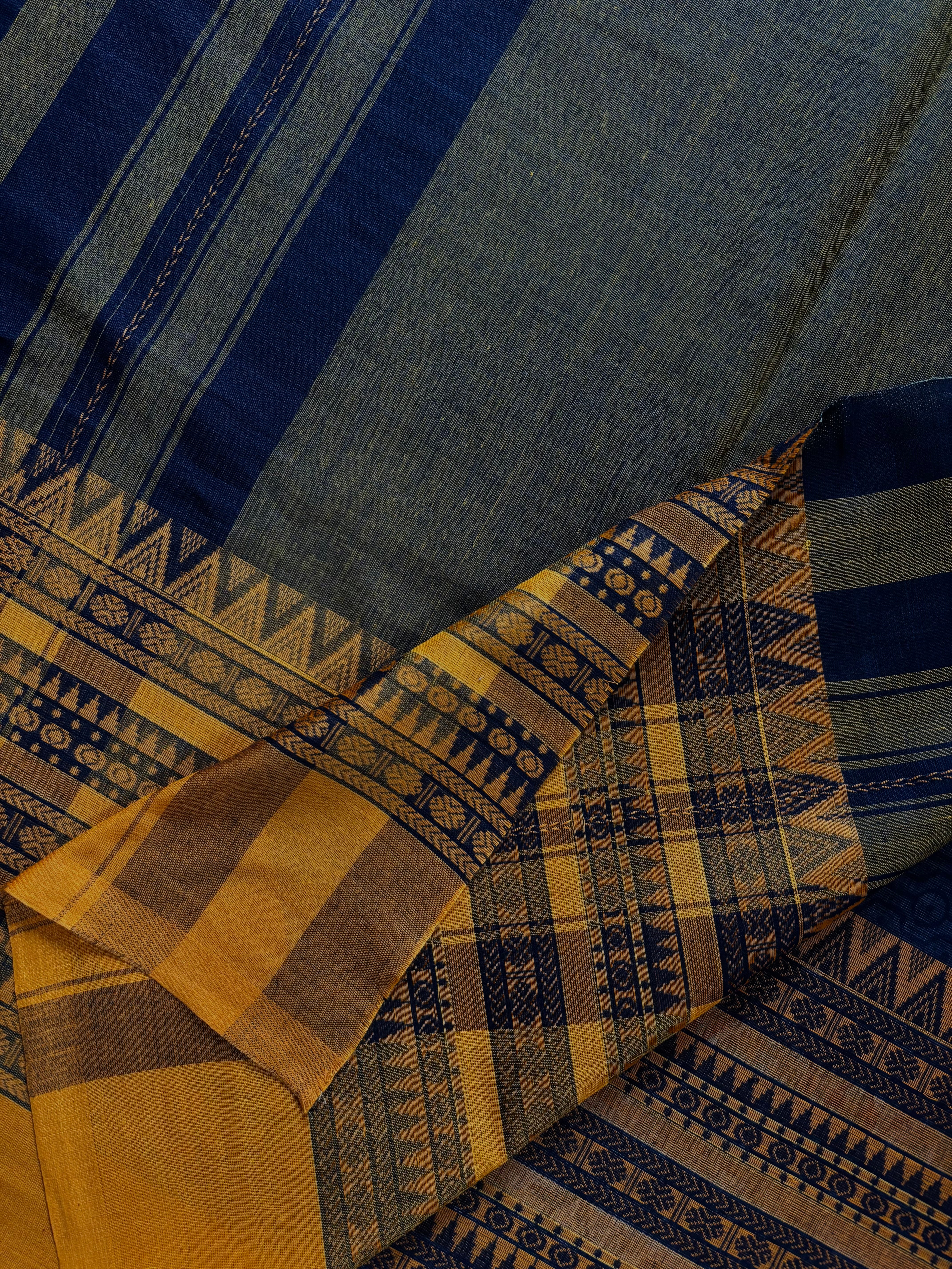 Handwoven Black Orangish Yellow Cotton Dhonekhali Saree