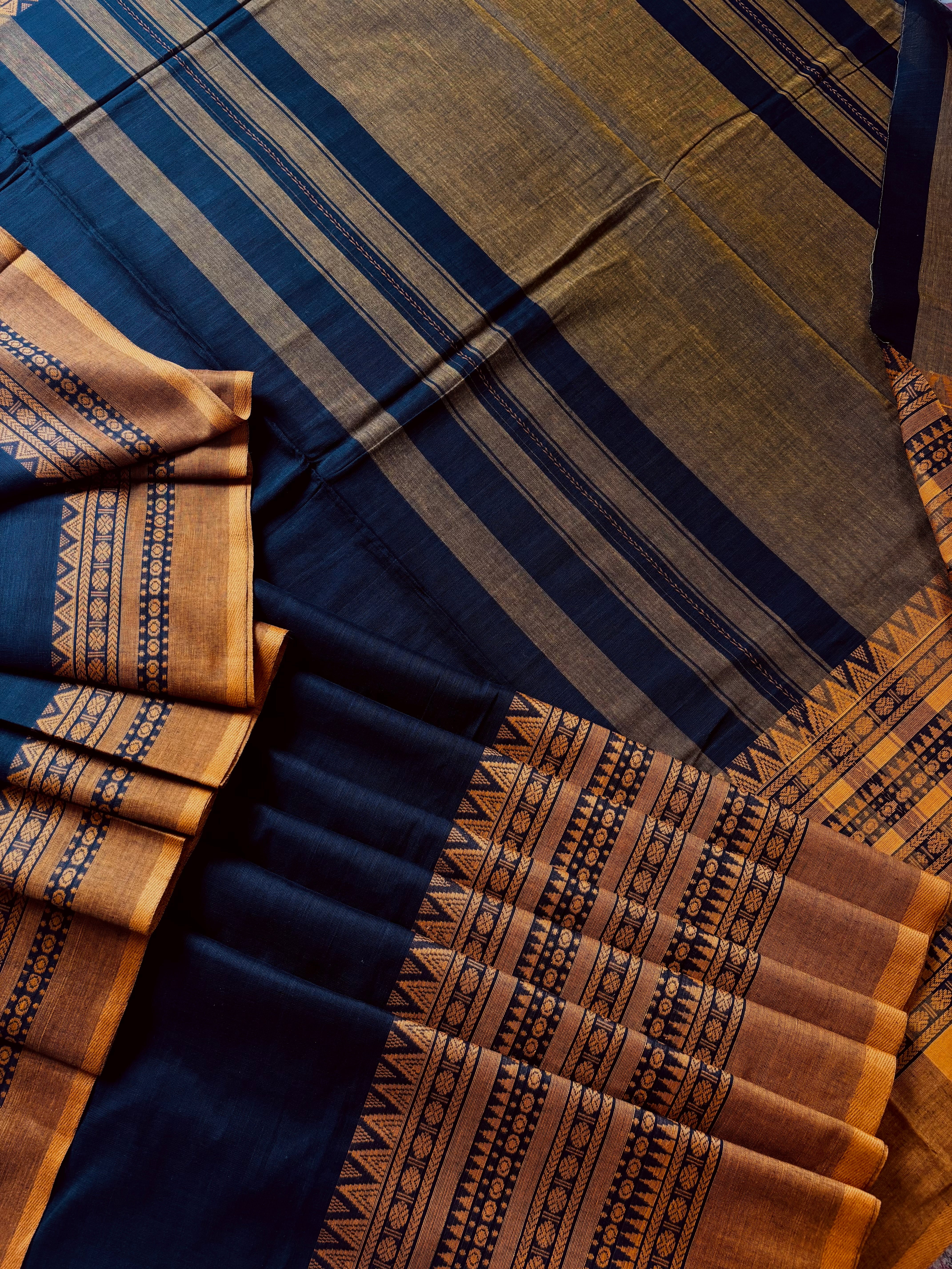 Handwoven Black Orangish Yellow Cotton Dhonekhali Saree