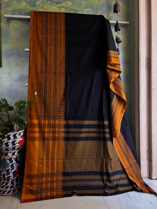 Handwoven Black Orangish Yellow Cotton Dhonekhali Saree