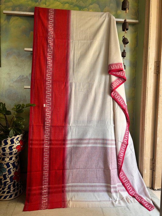 Handwoven White Red Cotton Dhonekhali Saree