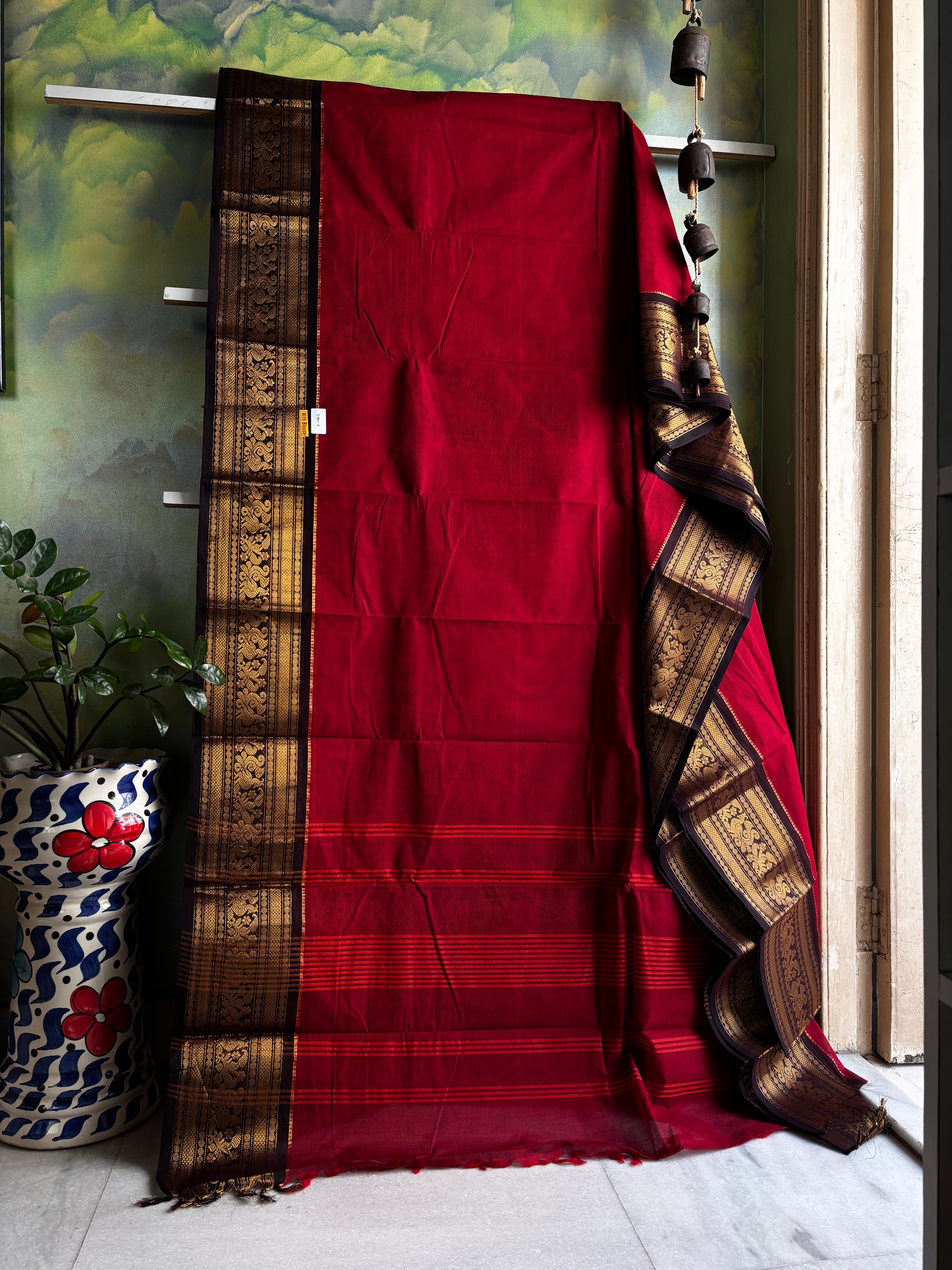 Maroon Black Colour Kanchipuram Cotton Saree