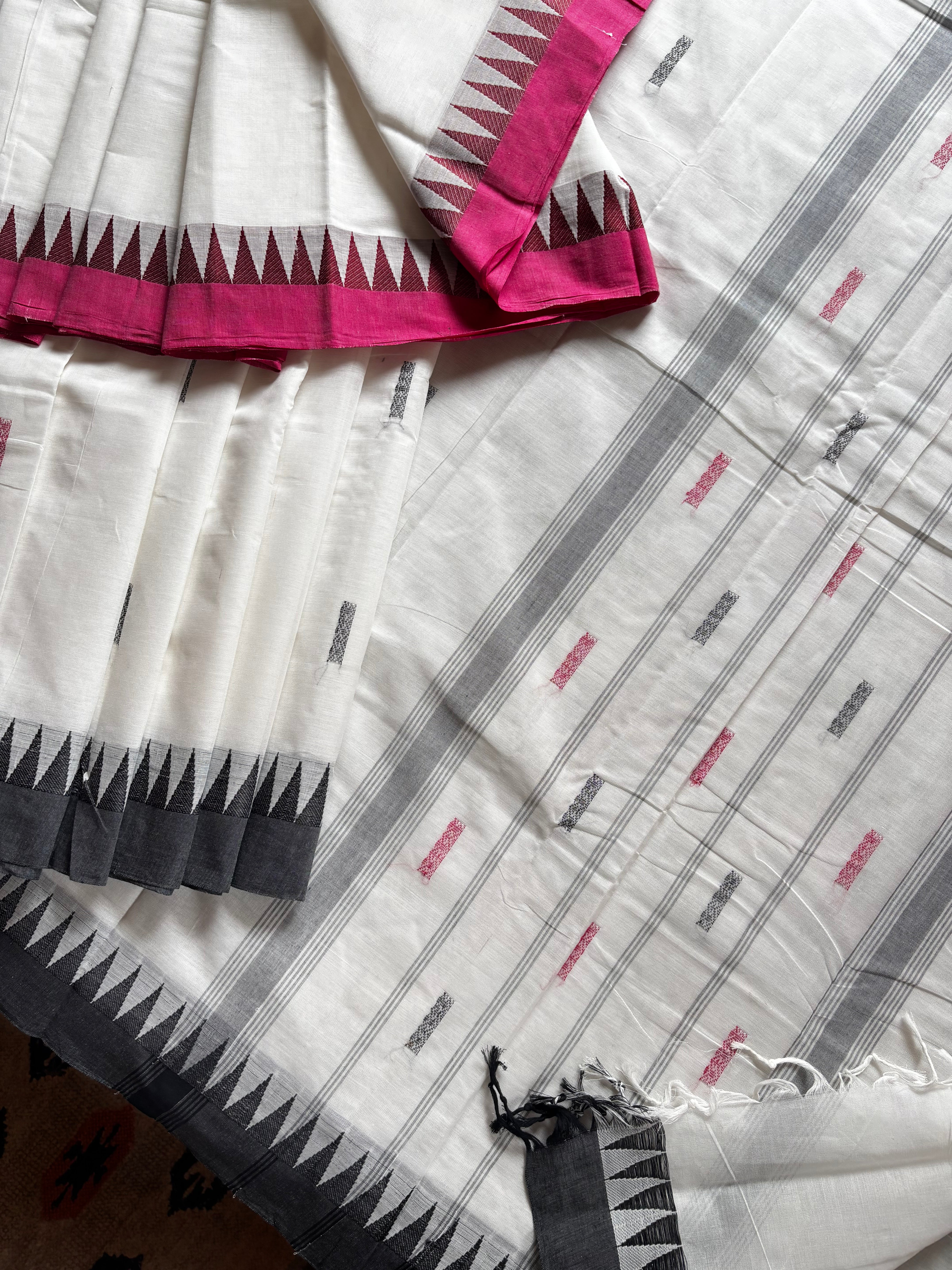 White Black Pink Cotton Kanchipuram Saree