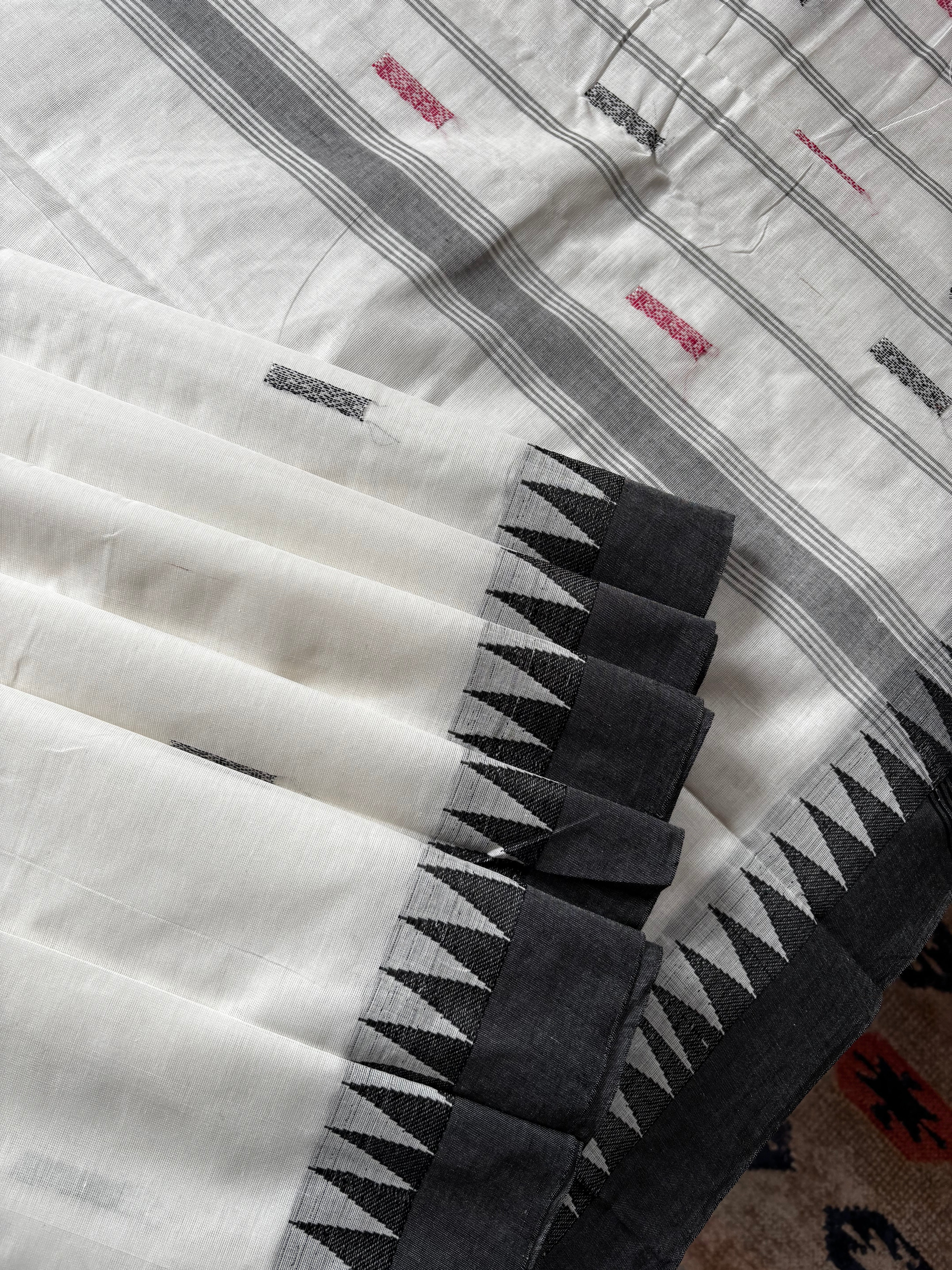 White Black Pink Cotton Kanchipuram Saree